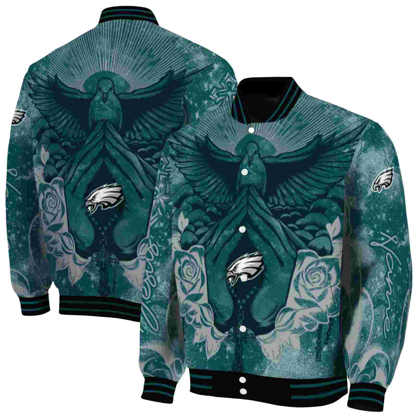 NFL Customized Philadelphia Eagles Praying Hands Green Custom Baseball Jacket Sport Fans Gear