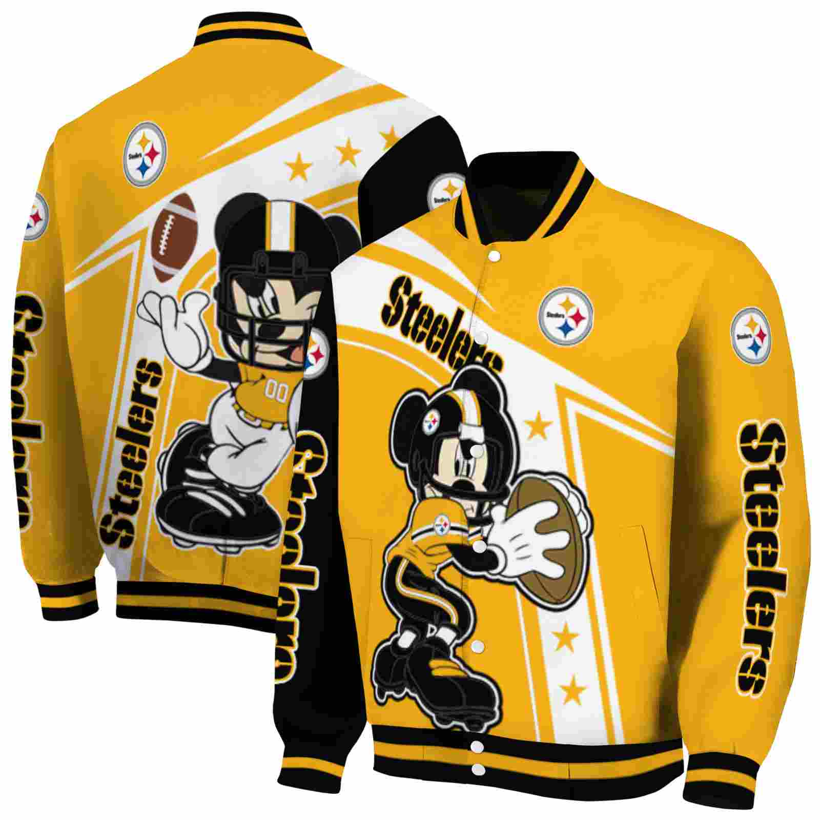 NFL Customized Pittsburgh Steelers Mickey Football Gold White Custom Baseball Jacket Sport Fans Gear