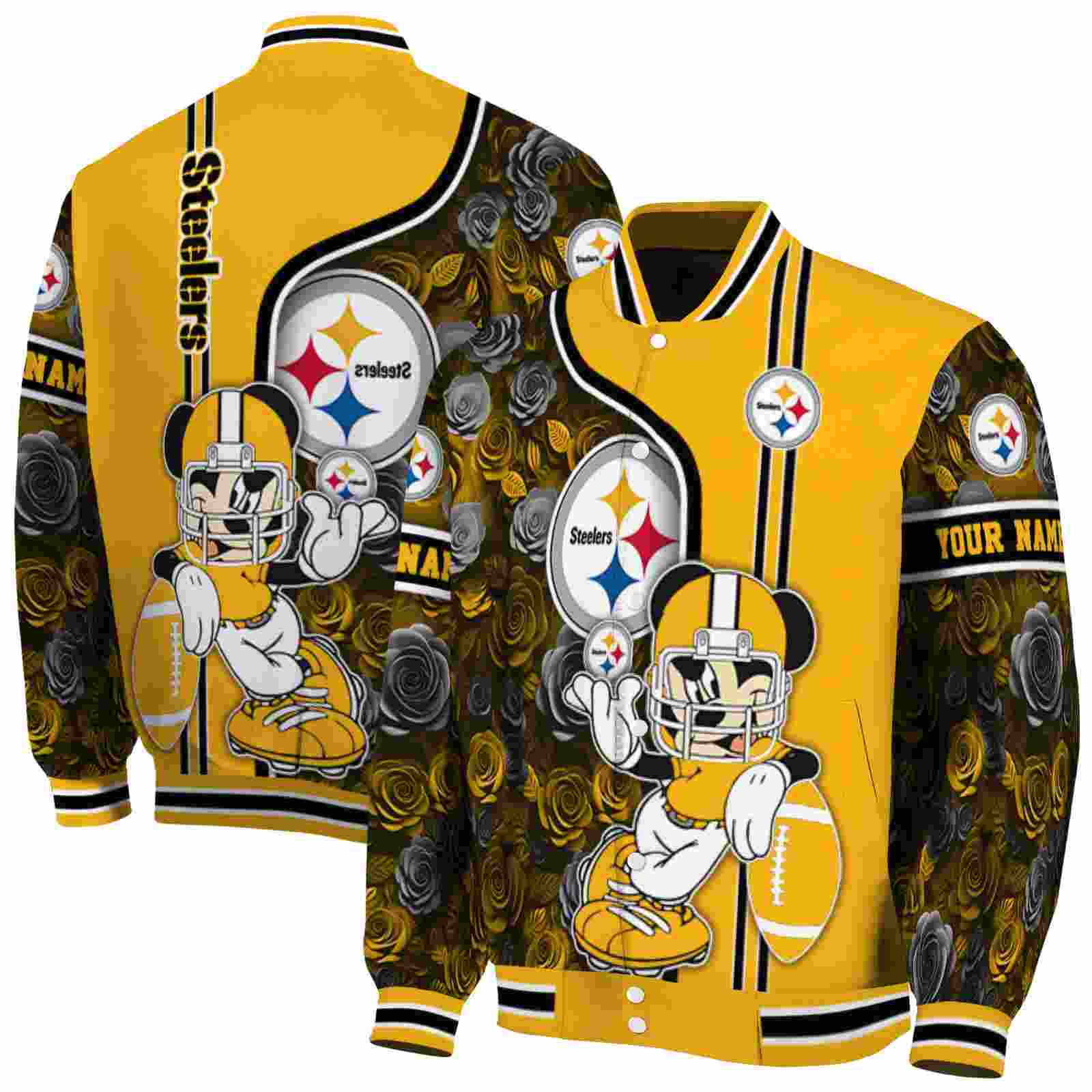 NFL Customized Pittsburgh Steelers Rose Mickey Gold Custom Baseball Jacket Sport Fans Gear