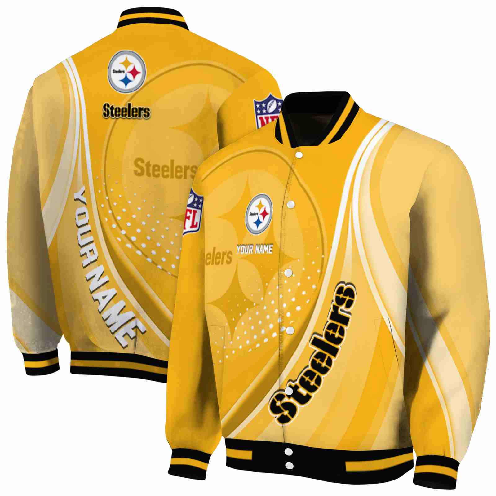 NFL Customized Pittsburgh Steelers Wave Patterns Gold Custom Baseball Jacket Sport Fans Gear