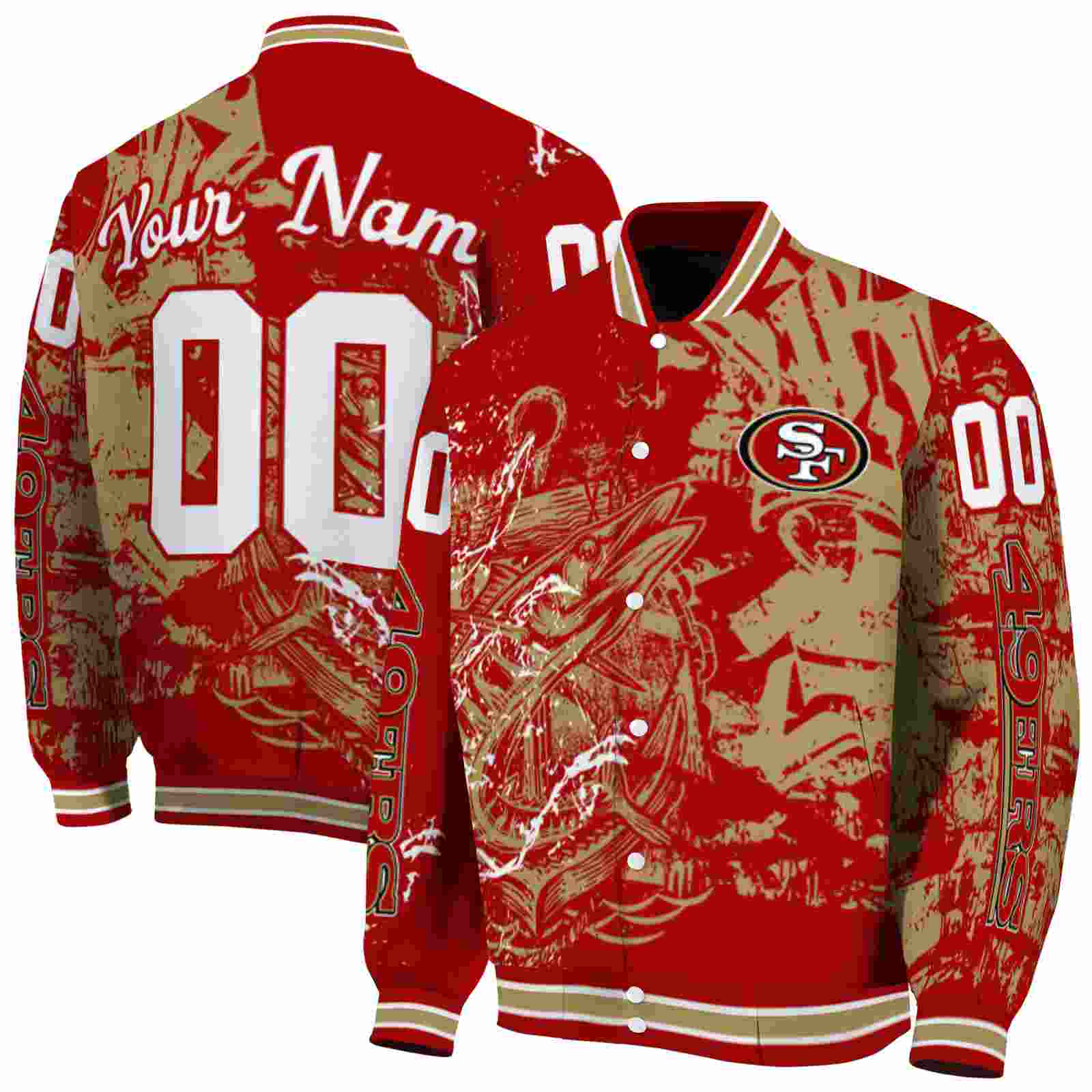 NFL Customized San Francisco 49ers Fishing Art Red Custom Baseball Jacket Sport Fans Gear