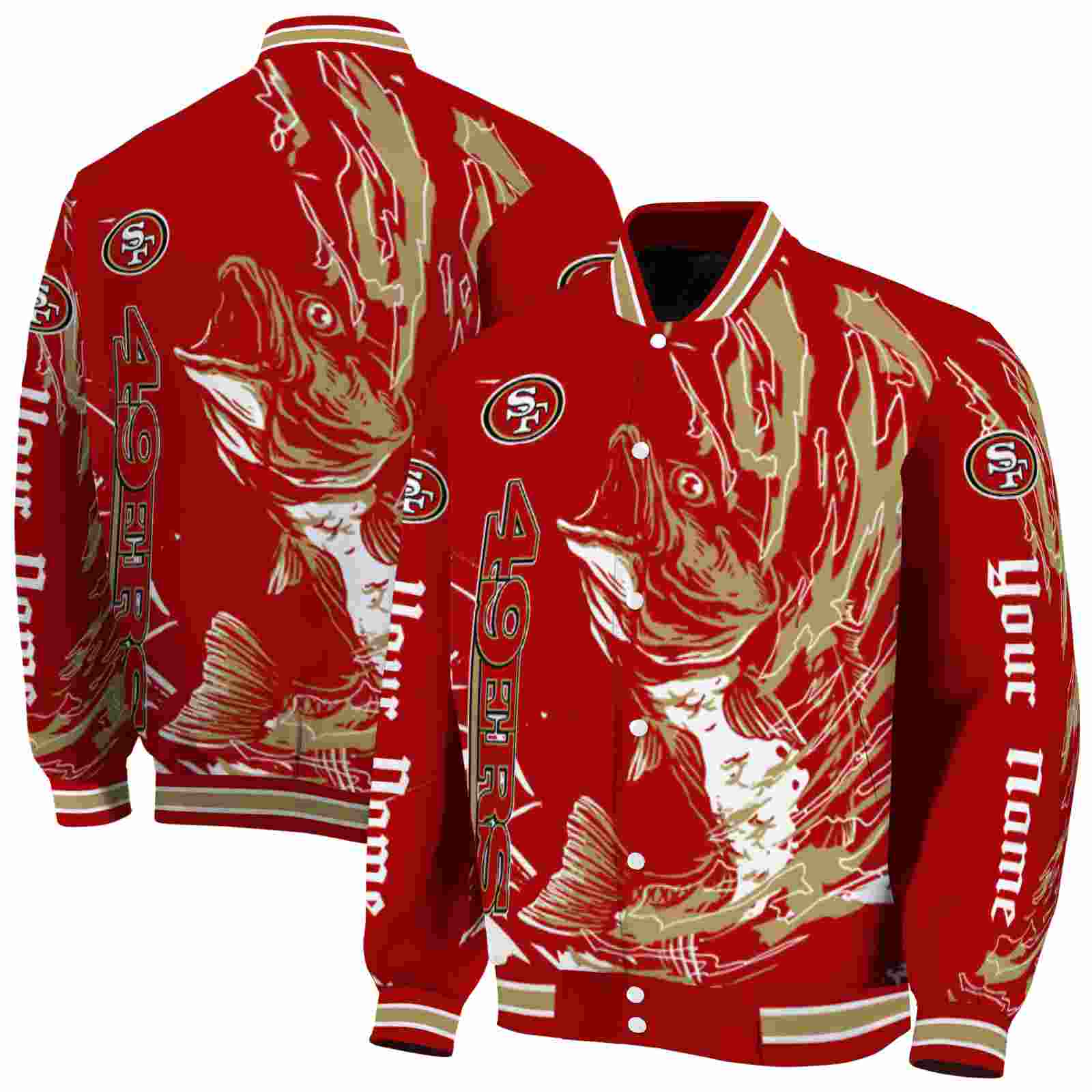 NFL Customized San Francisco 49ers Fishing Passion Red White Custom Baseball Jacket Sport Fans Gear