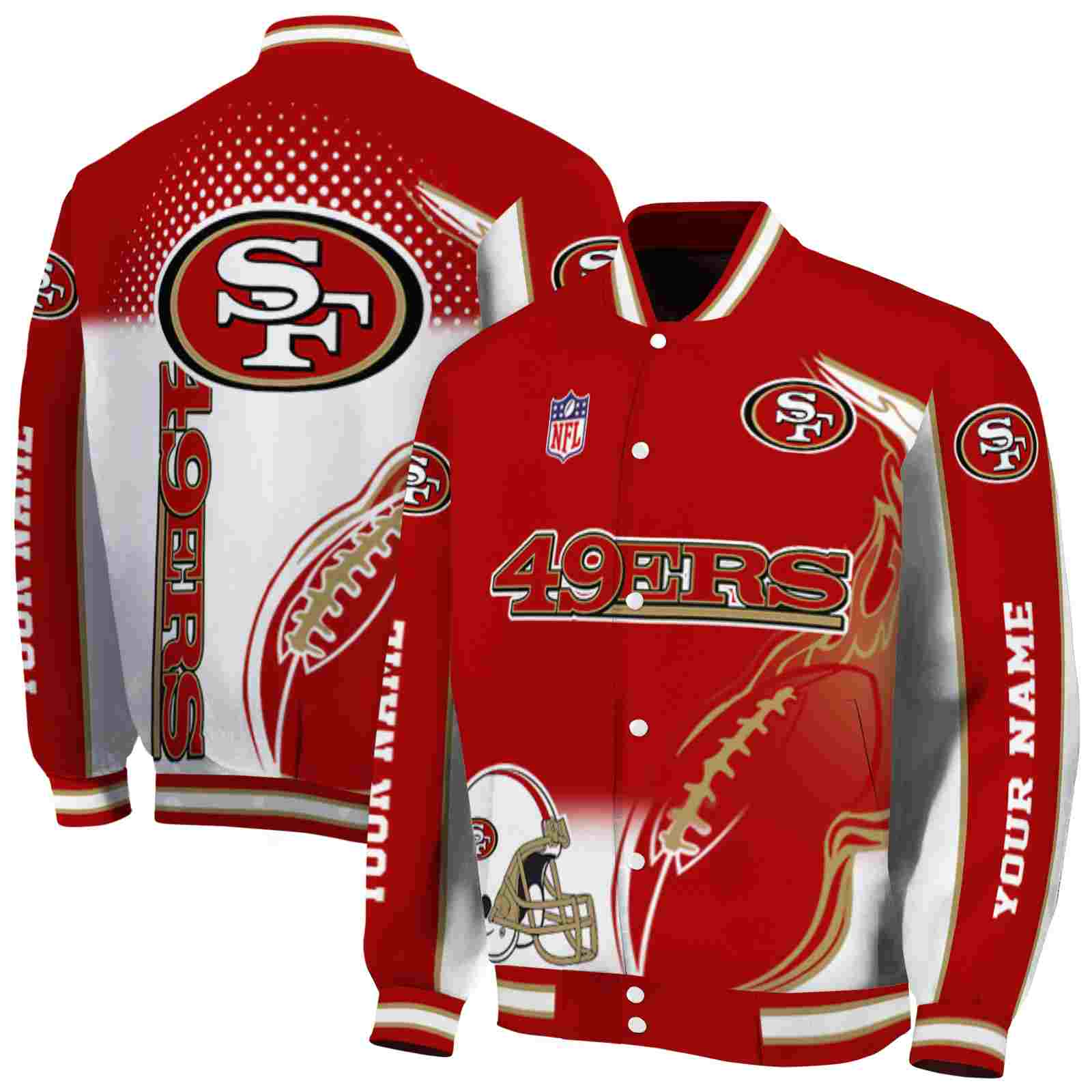 NFL Customized San Francisco 49ers Flaming Football Red White Custom Baseball Jacket Sport Fans Gear