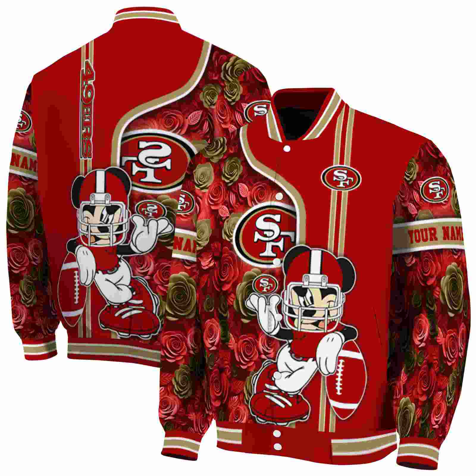 NFL Customized San Francisco 49ers Rose Mickey Red Custom Baseball Jacket Sport Fans Gear