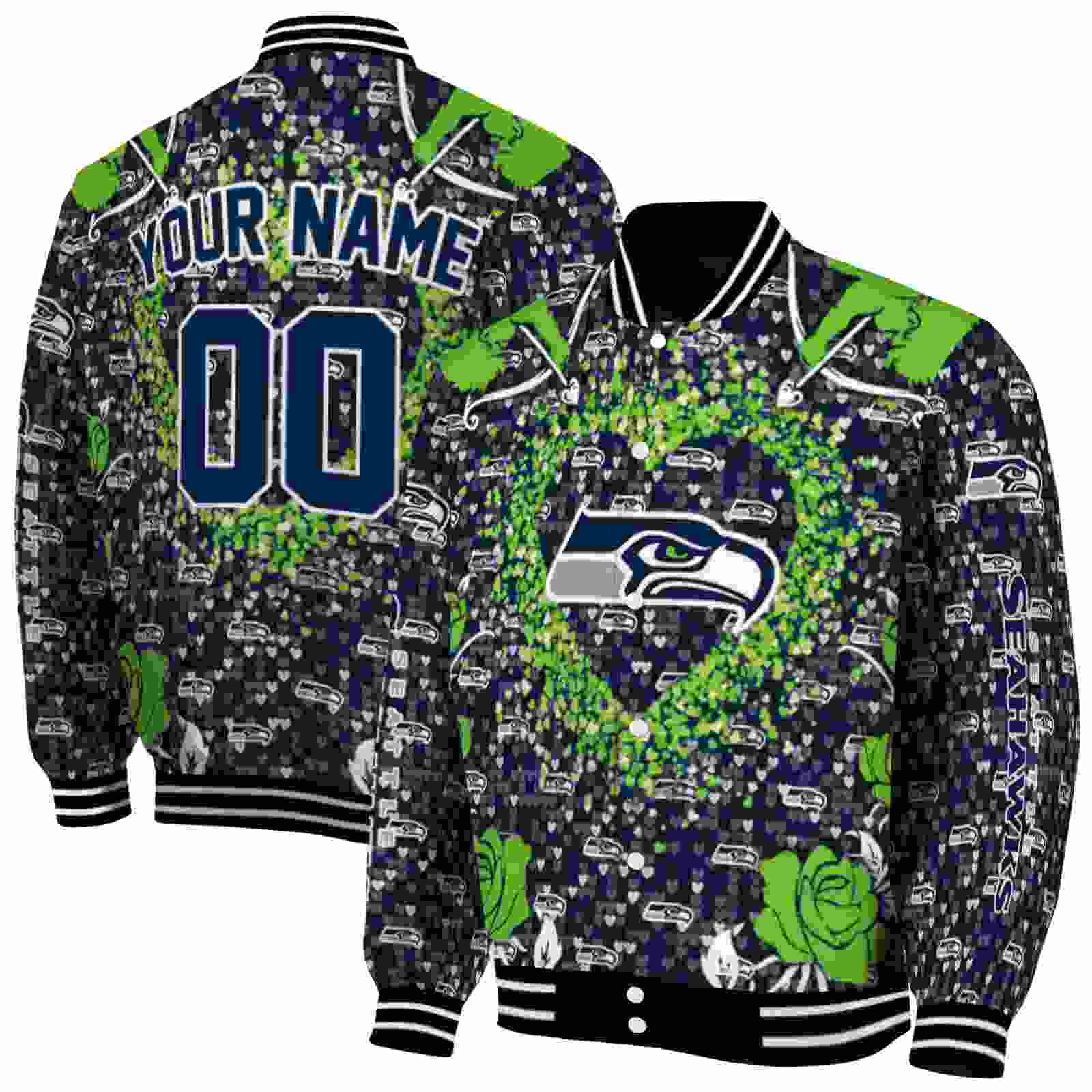 NFL Customized Seattle Seahawks Heart Explosion Blue Custom Baseball Jacket Sport Fans Gear