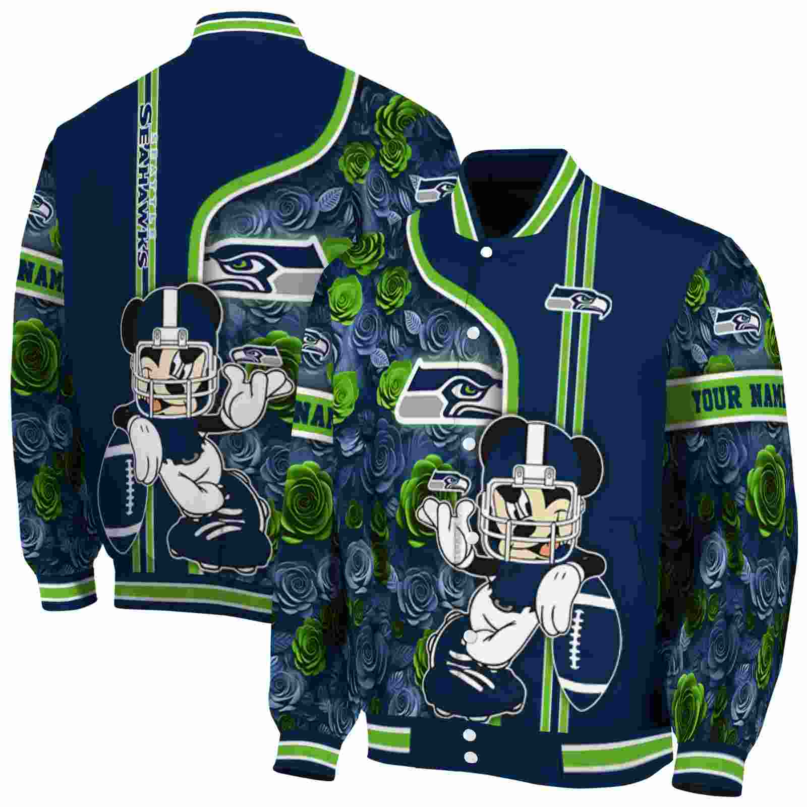 NFL Customized Seattle Seahawks Rose Mickey Blue Custom Baseball Jacket Sport Fans Gear