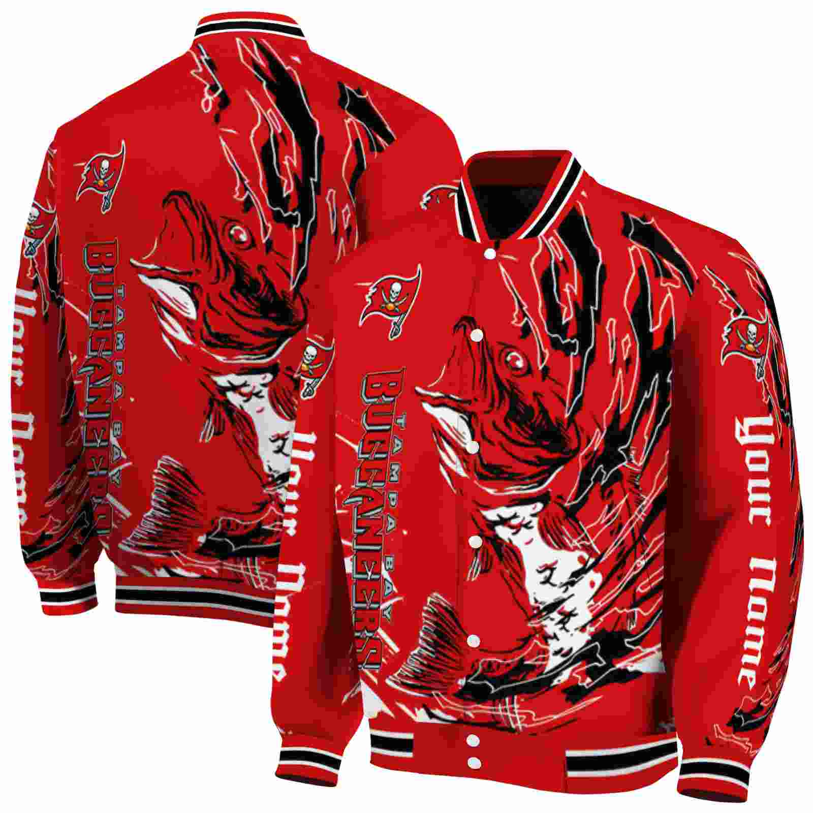 NFL Customized Tampa Bay Buccaneers Fishing Passion Red White Custom Baseball Jacket Sport Fans Gear