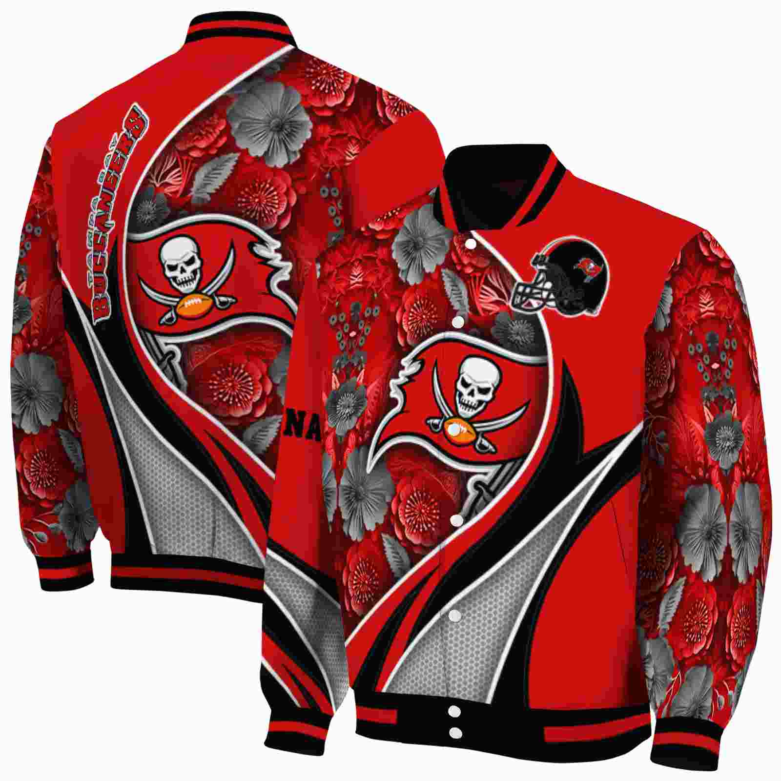NFL Customized Tampa Bay Buccaneers Floral Print Red Custom Baseball Jacket Sport Fans Gear