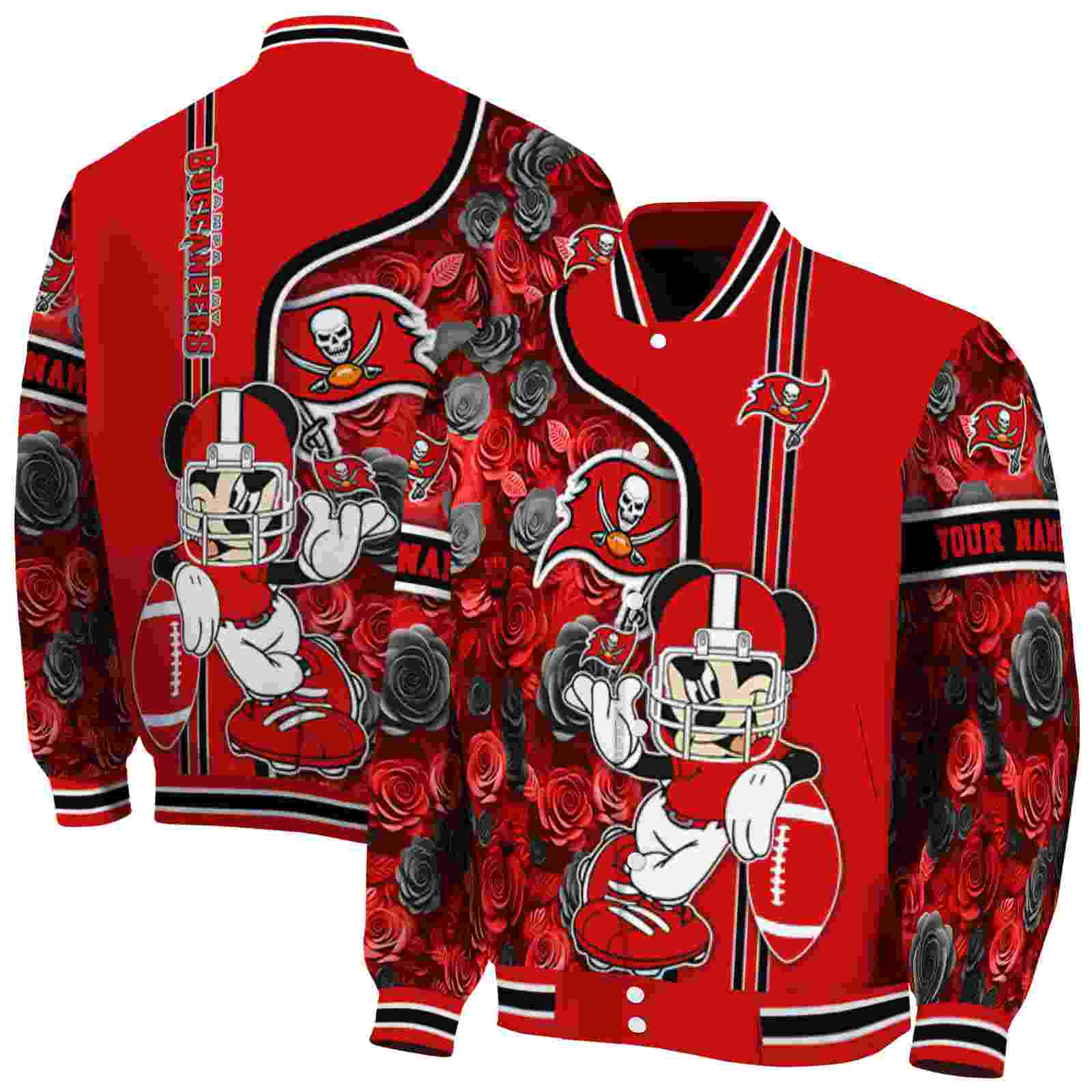 NFL Customized Tampa Bay Buccaneers Rose Mickey Red Custom Baseball Jacket Sport Fans Gear