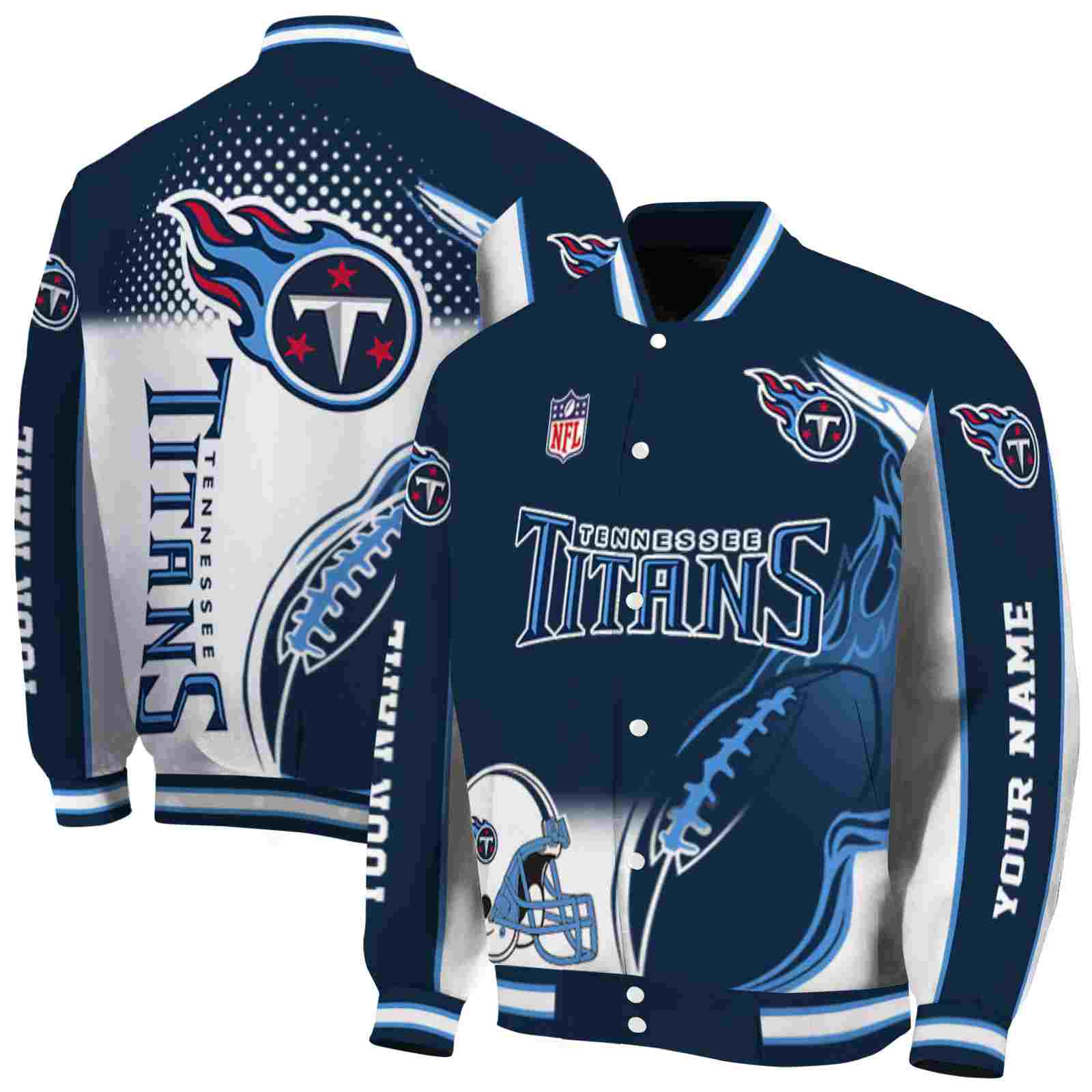 NFL Customized Tennessee Titans Flaming Football Navy White Custom Baseball Jacket Sport Fans Gear