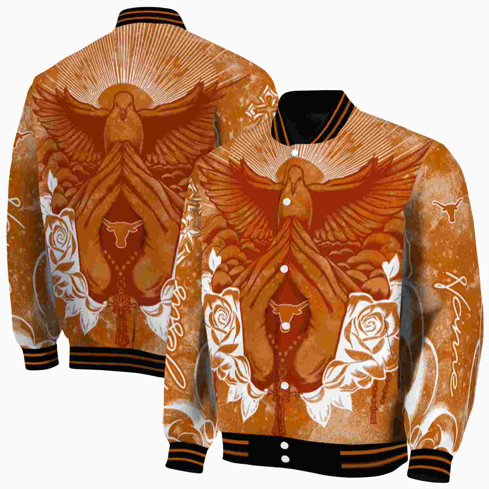 NFL Customized Texas Longhorns Praying Hands Orange Custom Baseball Jacket Sport Fans Gear