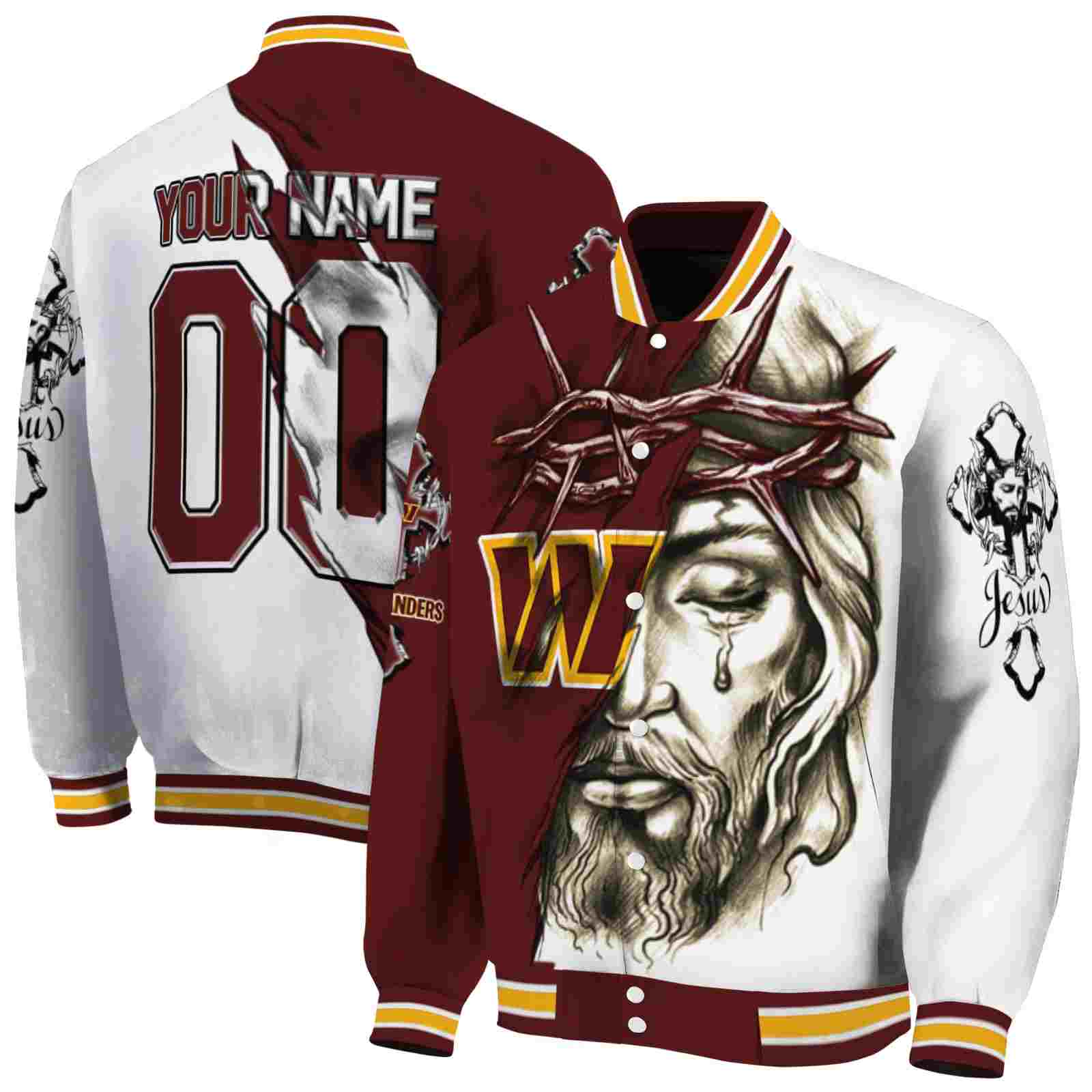 NFL Customized Washington Commanders Jesus Tears Burgundy White Custom Baseball Jacket Sport Fans Gear