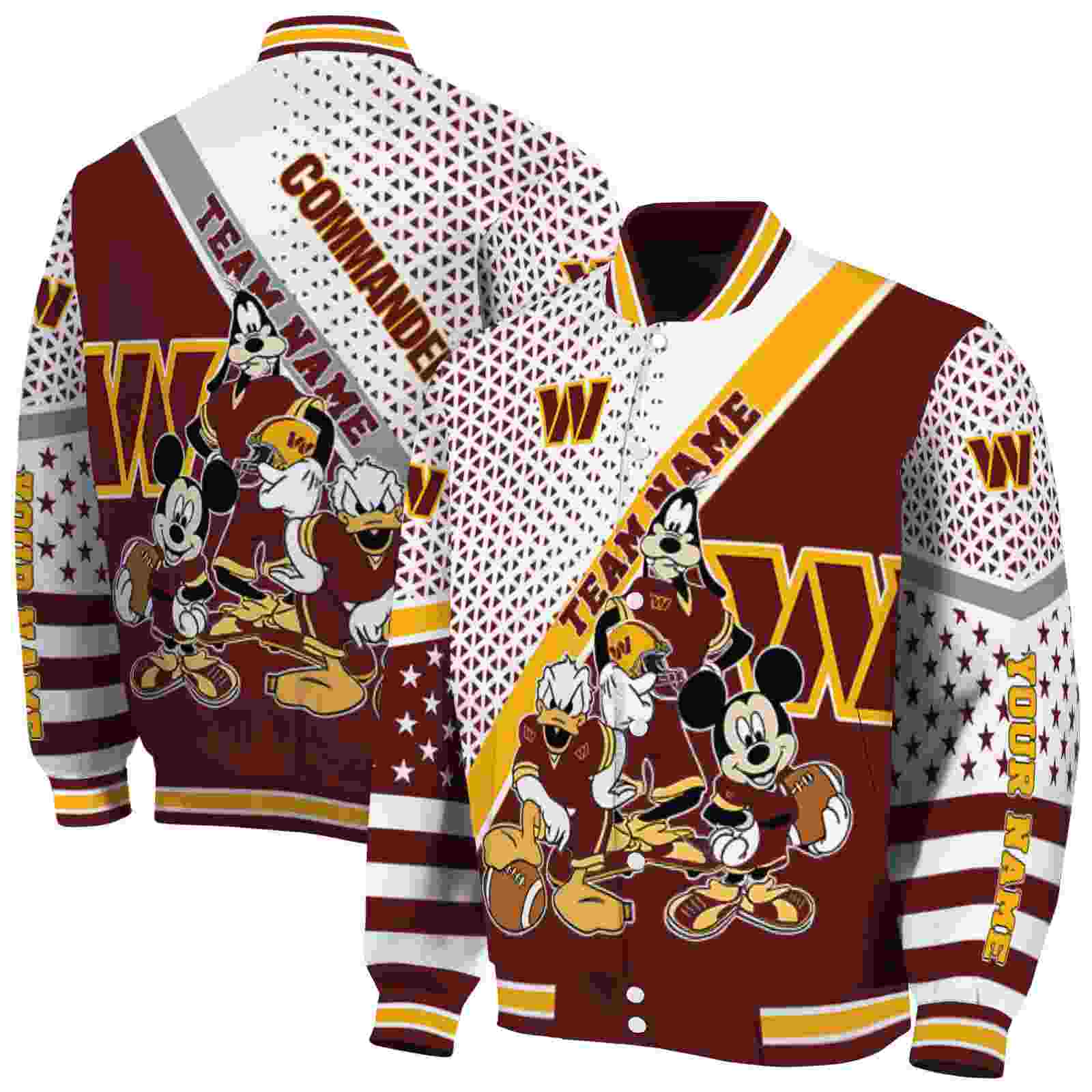 NFL Customized Washington Commanders Mickey Donald Goofy Burgundy White Custom Baseball Jacket Sport Fans Gear
