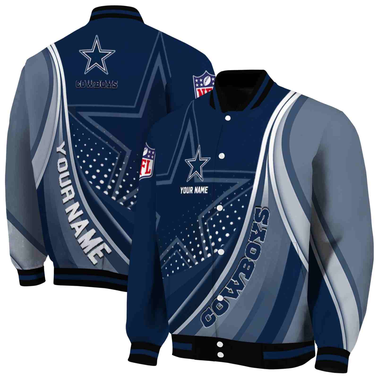 NFL Dallas Cowboys Wave Patterns Blue Custom Baseball Jacket Sport Fans Gear