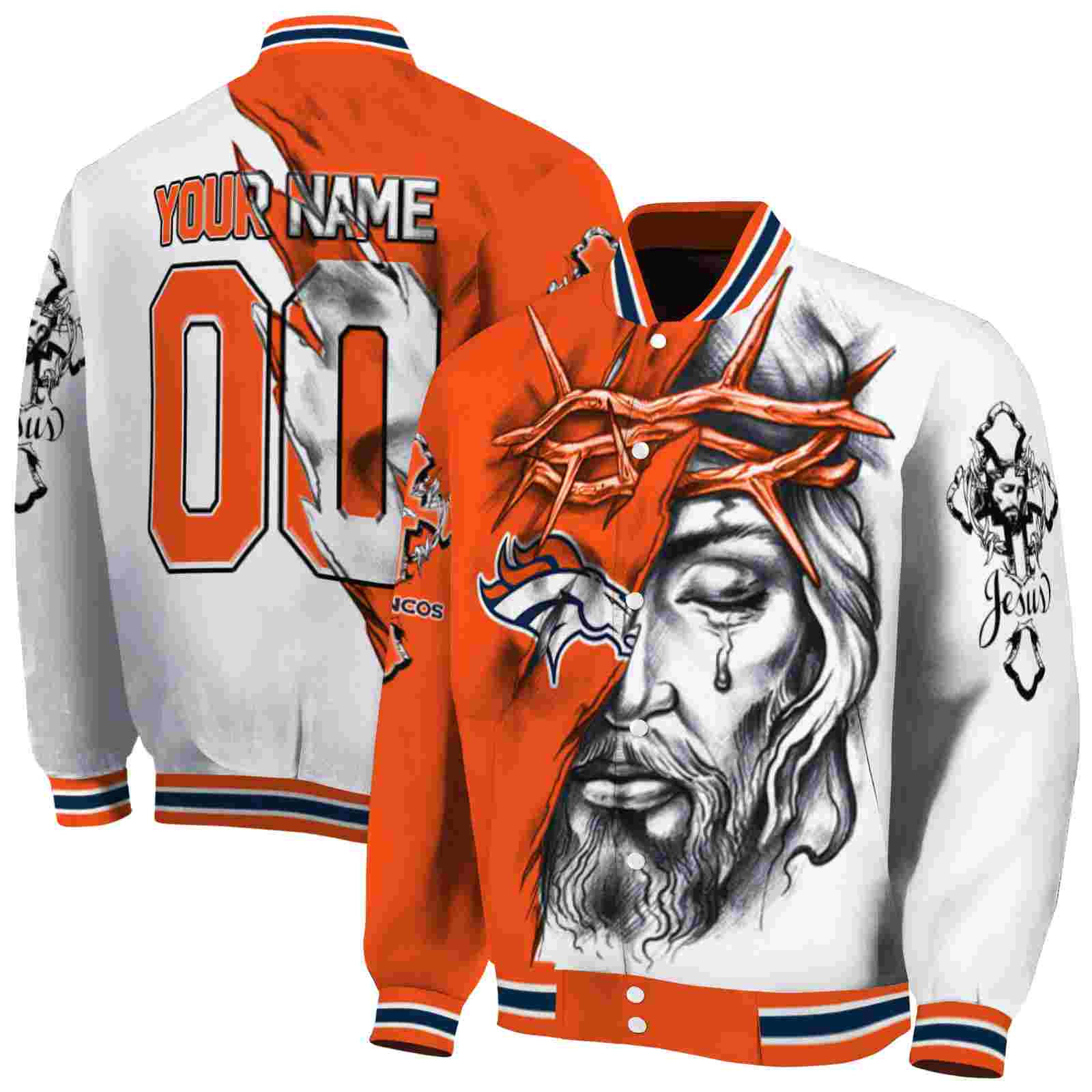 NFL Denver Broncos Jesus Tears Orange White Custom Baseball Jacket Sport Fans Gear