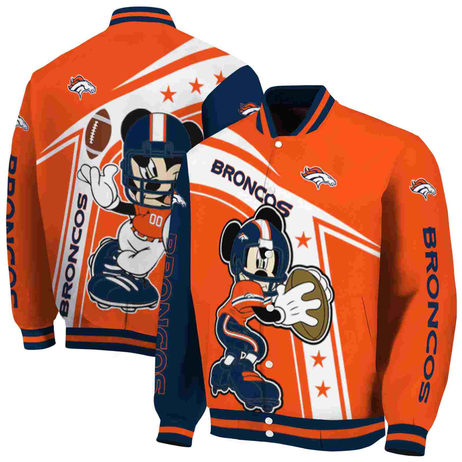 NFL Denver Broncos Mickey Football Orange White Custom Baseball Jacket Sport Fans Gear