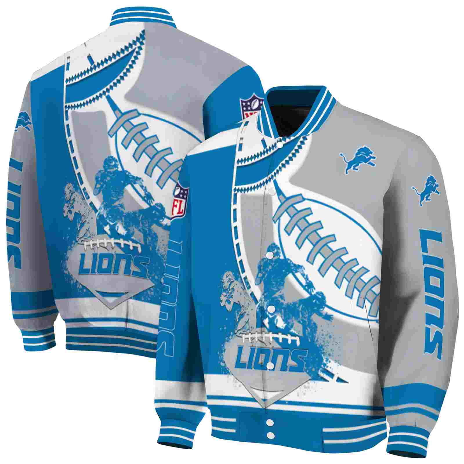 NFL Detroit Lions Baseball Stitching Silver White Custom Baseball Jacket Sport Fans Gear