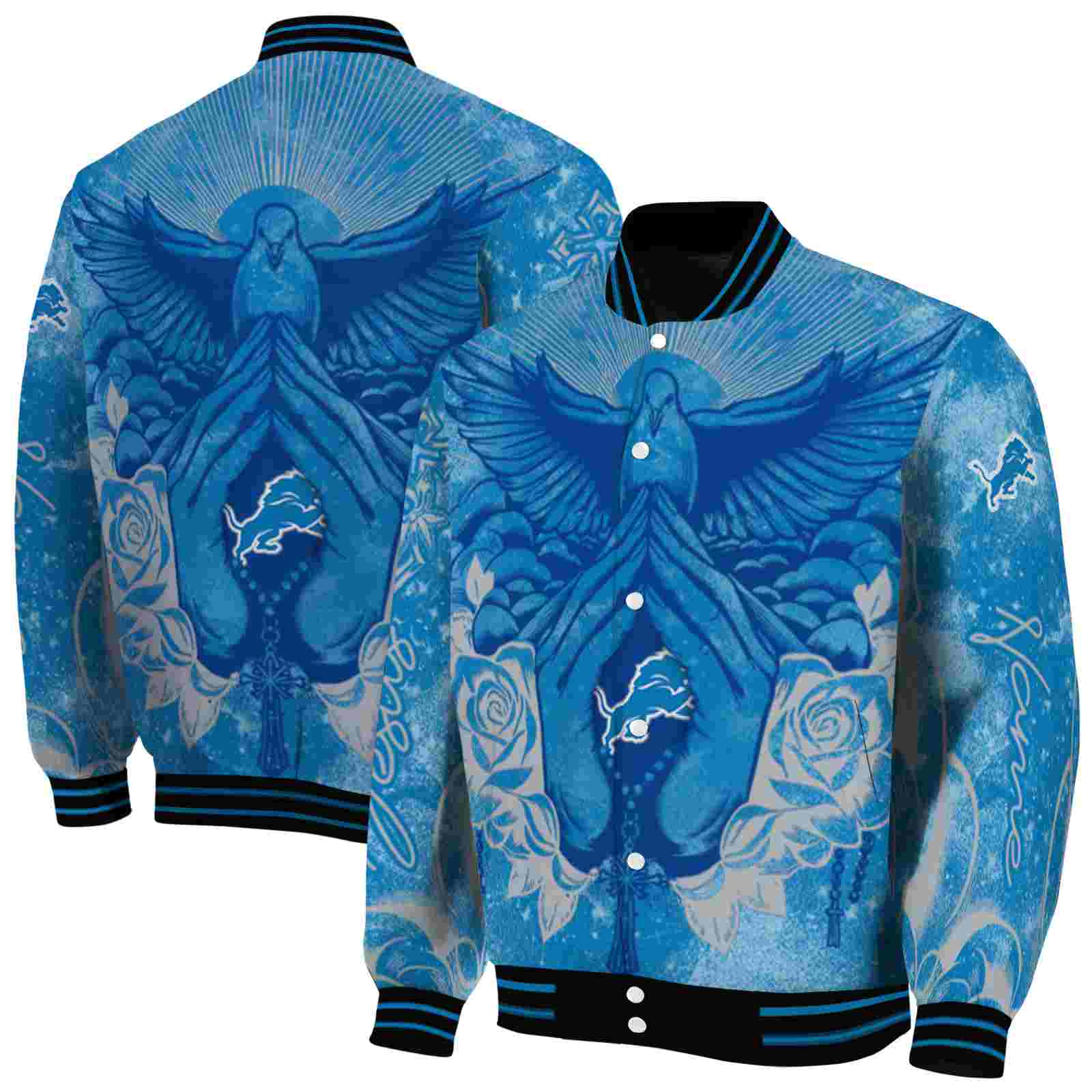 NFL Detroit Lions Praying Hands Blue Custom Baseball Jacket Sport Fans Gear