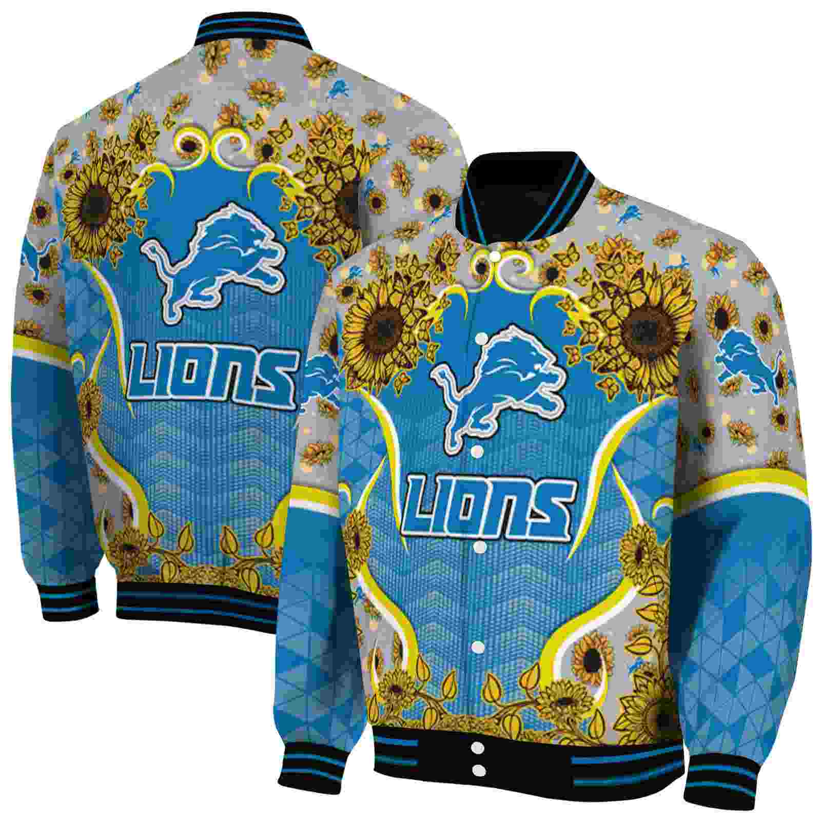 NFL Detroit Lions SuNFL ower Bloom Blue Yellow Custom Baseball Jacket Sport Fans Gear