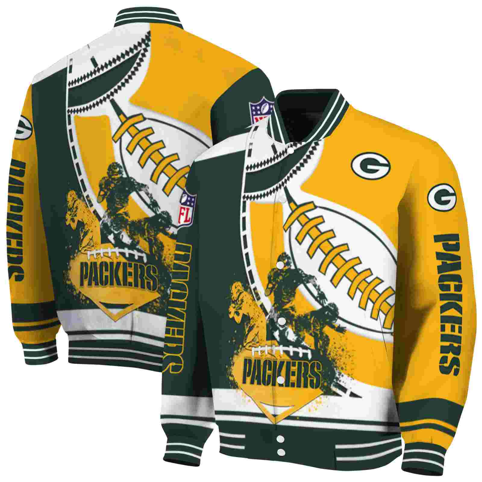 NFL Green Bay Packers Baseball Stitching Gold White Custom Baseball Jacket Sport Fans Gear
