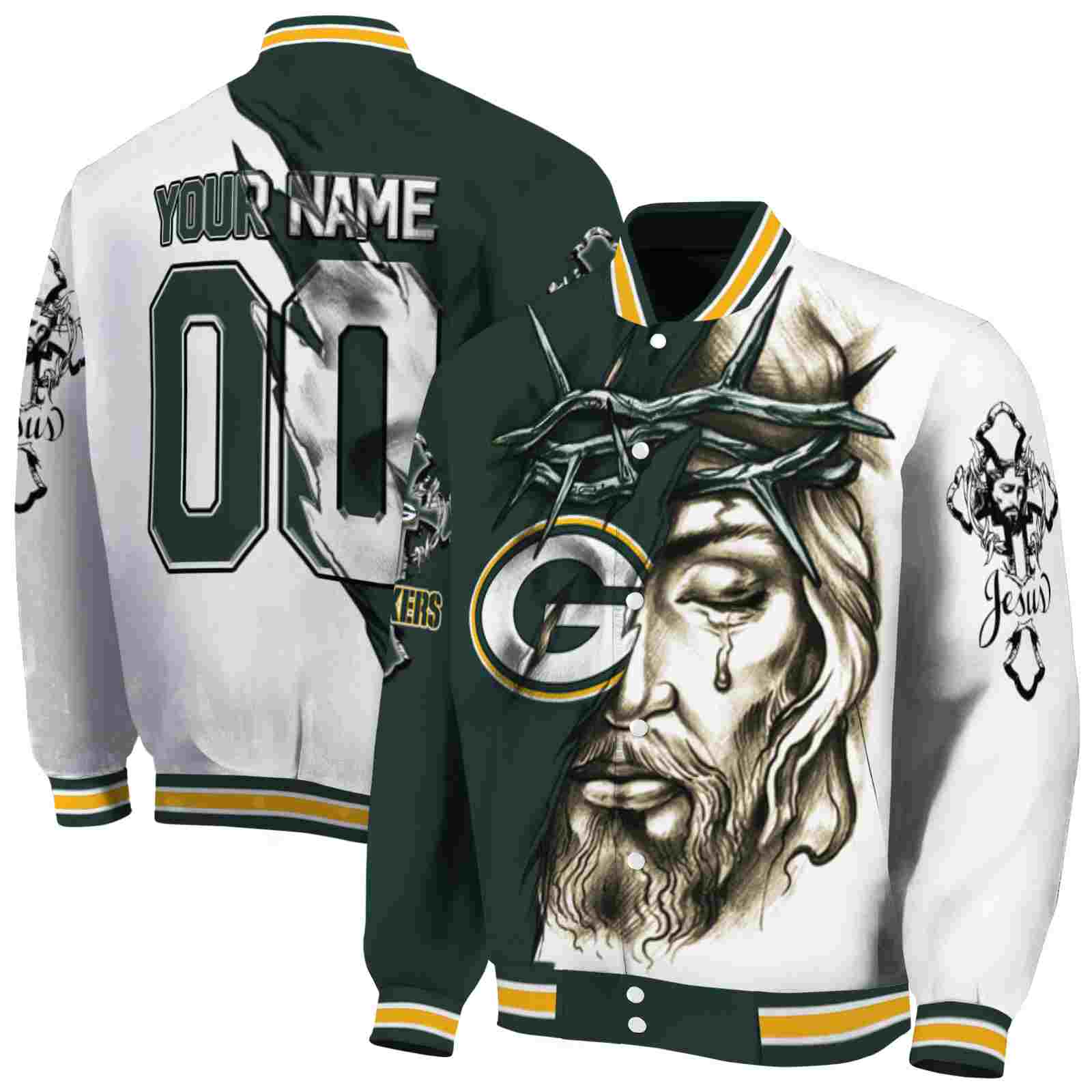 NFL Green Bay Packers Jesus Tears Green White Custom Baseball Jacket Sport Fans Gear