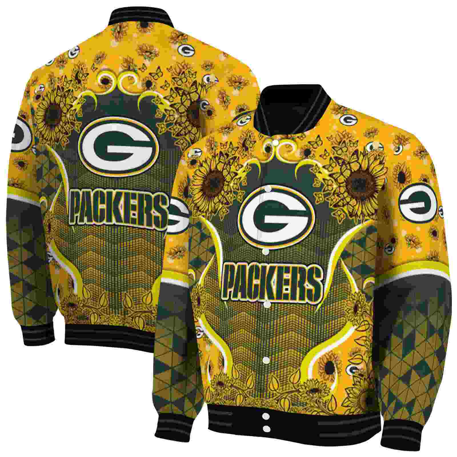 NFL Green Bay Packers SuNFL ower Bloom Green Yellow Custom Baseball Jacket Sport Fans Gear