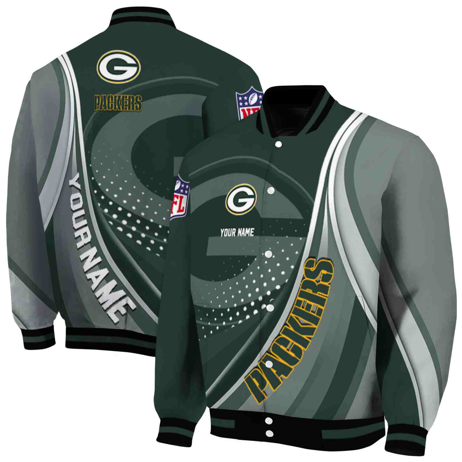 NFL Green Bay Packers Wave Patterns Green Custom Baseball Jacket Sport Fans Gear