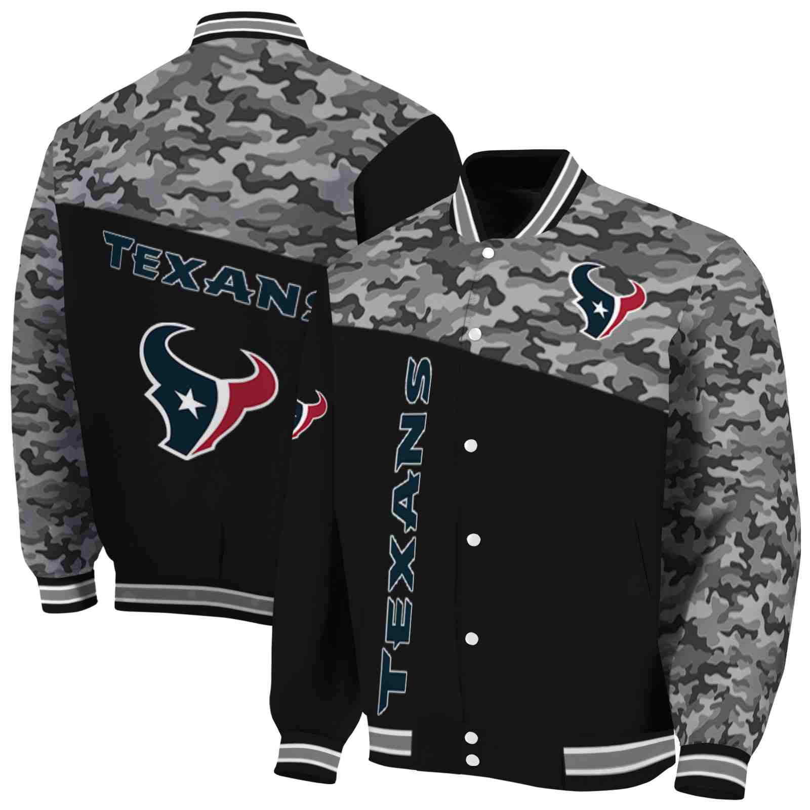 NFL Houston Texans Camo Patchwork Black Custom Baseball Jacket Sport Fans Gear