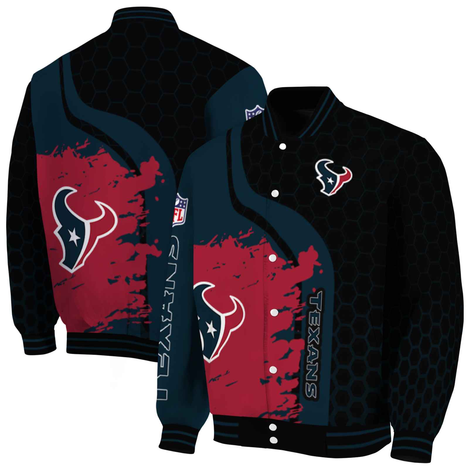NFL Houston Texans Hexagonal Pattern Blue Black Custom Baseball Jacket Sport Fans Gear