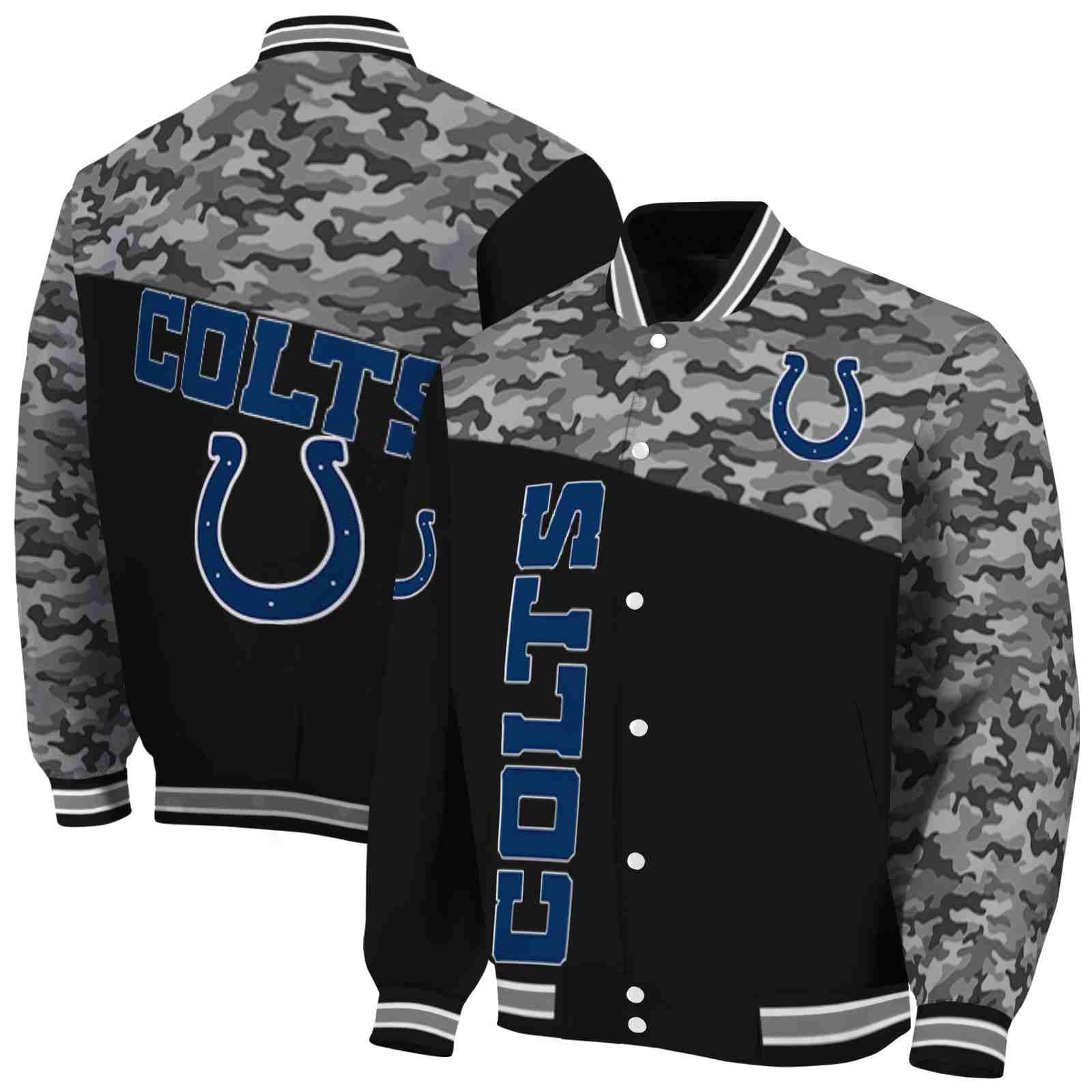 NFL Indianapolis Colts Camo Patchwork Black Custom Baseball Jacket Sport Fans Gear