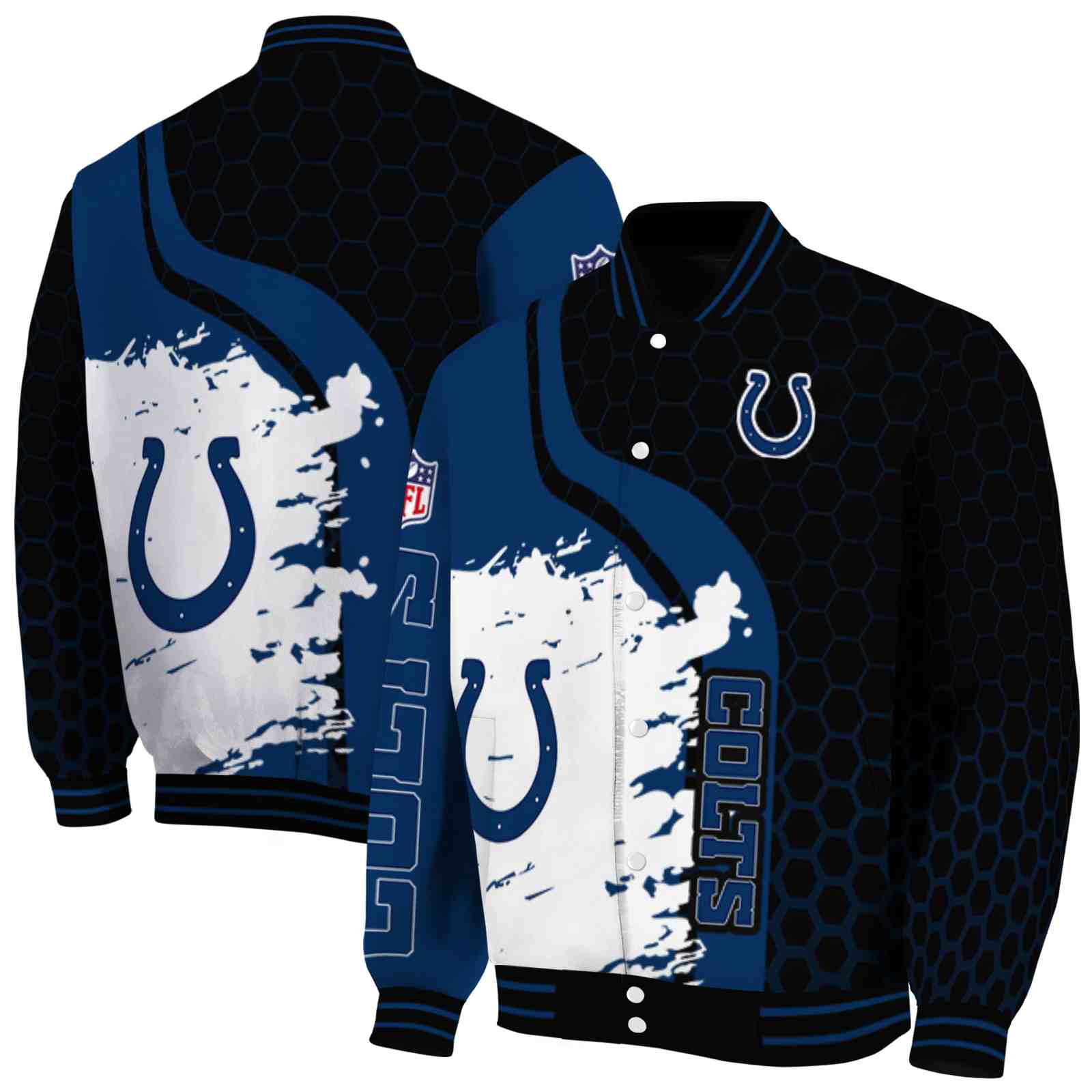 NFL Indianapolis Colts Hexagonal Pattern Blue Black Custom Baseball Jacket Sport Fans Gear