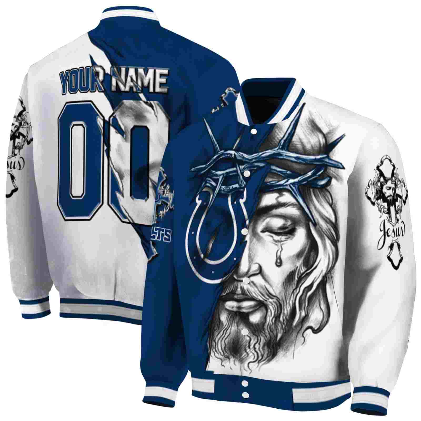 NFL Indianapolis Colts Jesus Tears Blue White Custom Baseball Jacket Sport Fans Gear