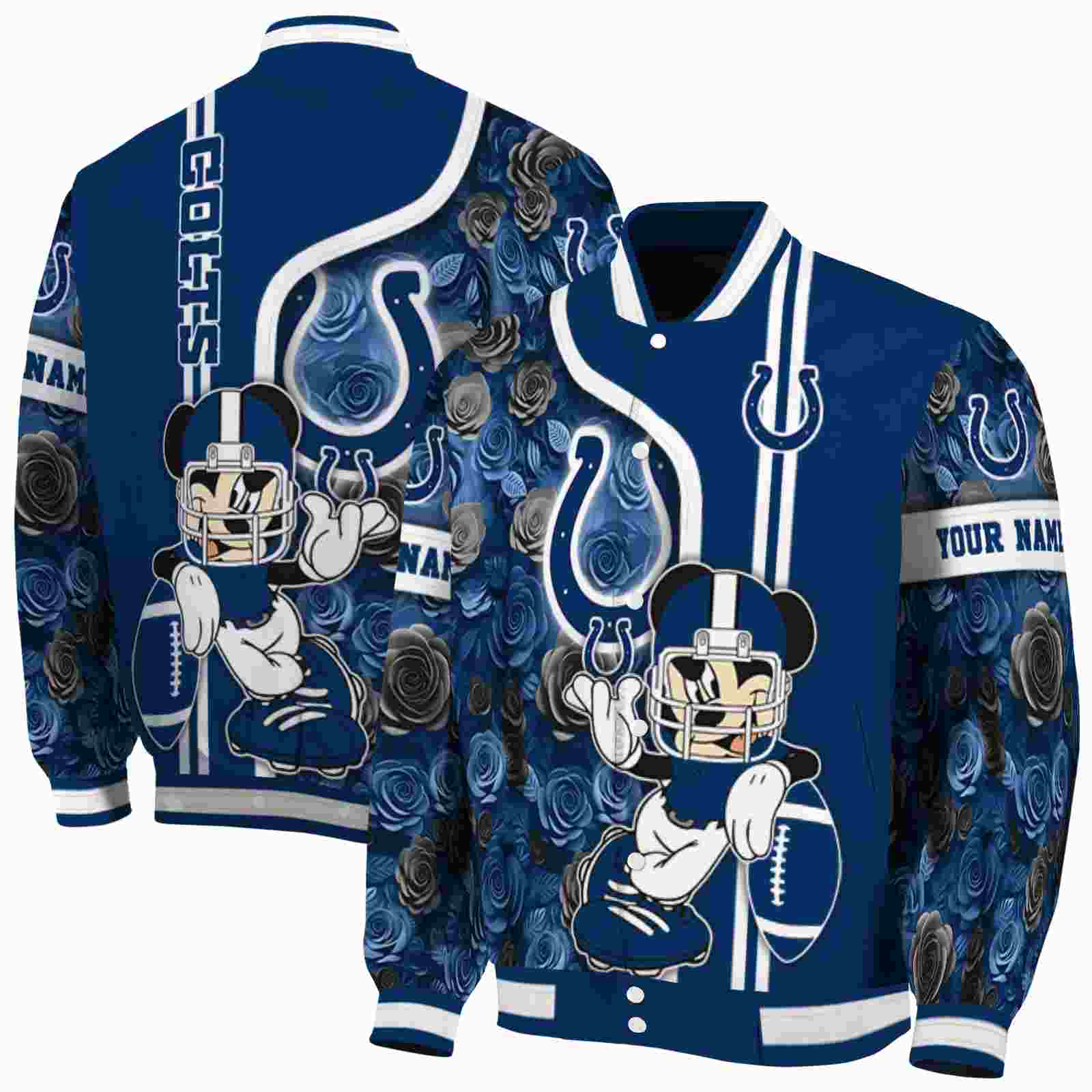 NFL Indianapolis Colts Rose Mickey Blue Custom Baseball Jacket Sport Fans Gear