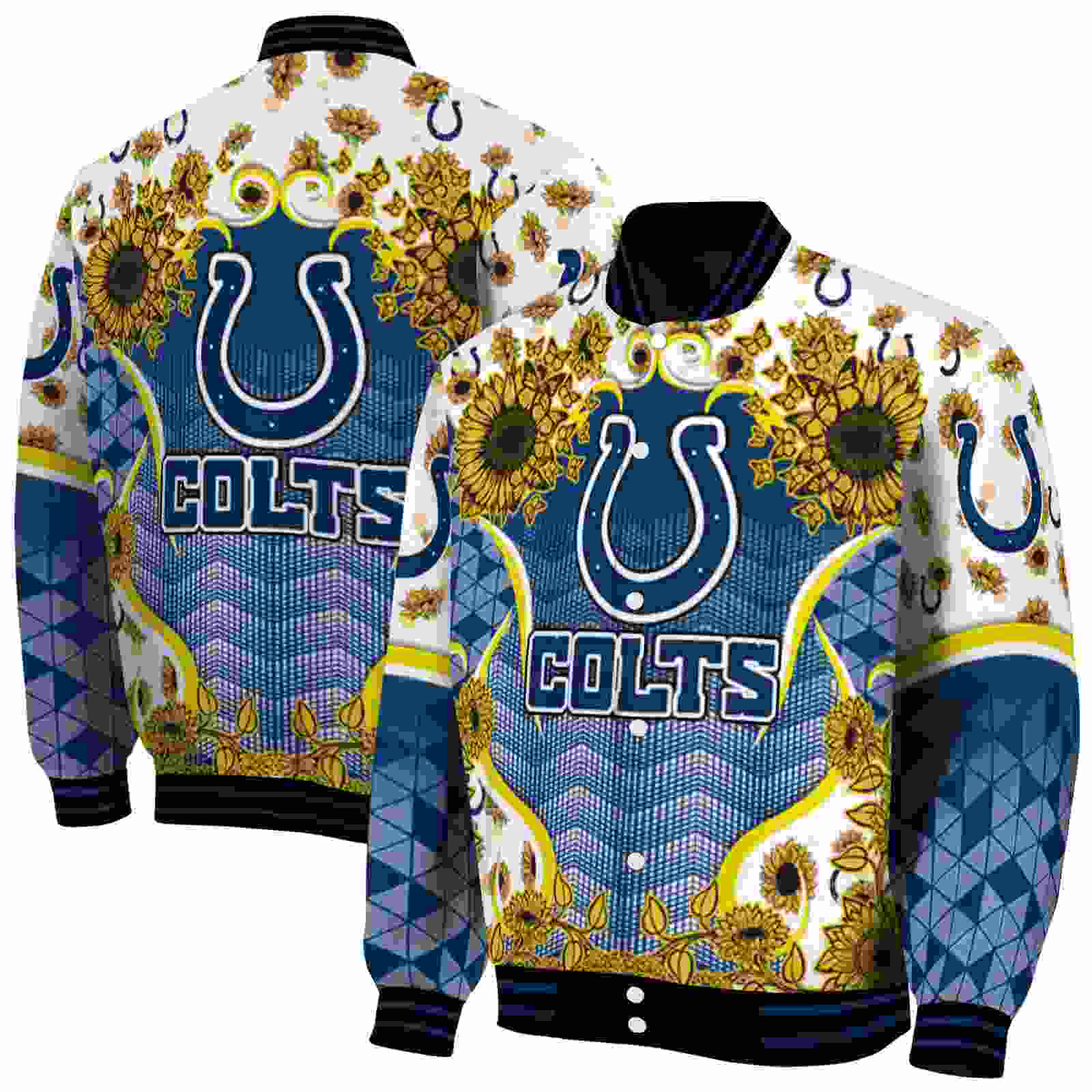 NFL Indianapolis Colts SuNFL ower Bloom Blue Yellow Custom Baseball Jacket Sport Fans Gear