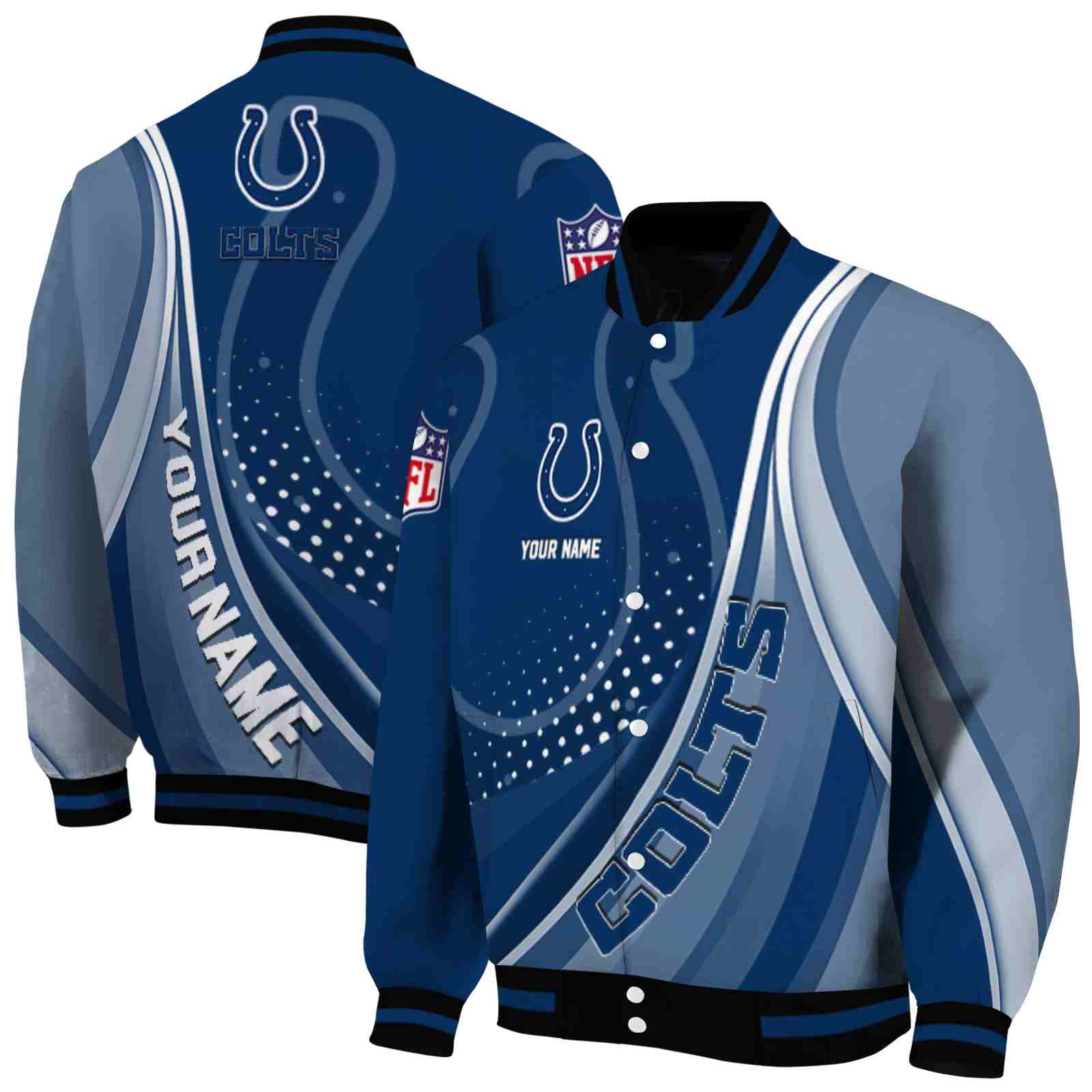 NFL Indianapolis Colts Wave Patterns Blue Custom Baseball Jacket Sport Fans Gear
