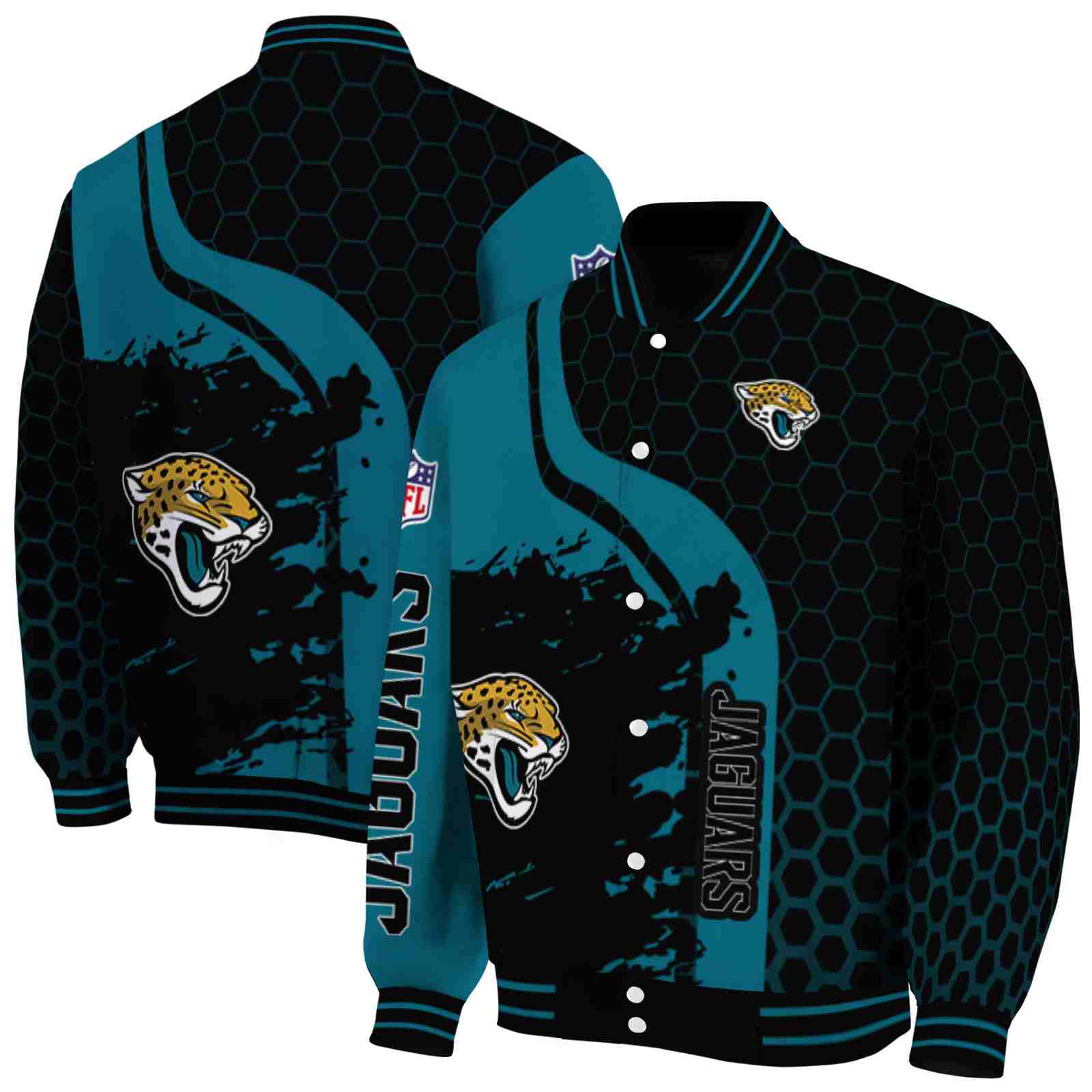 NFL Jacksonville Jaguars Hexagonal Pattern Teal Black Custom Baseball Jacket Sport Fans Gear