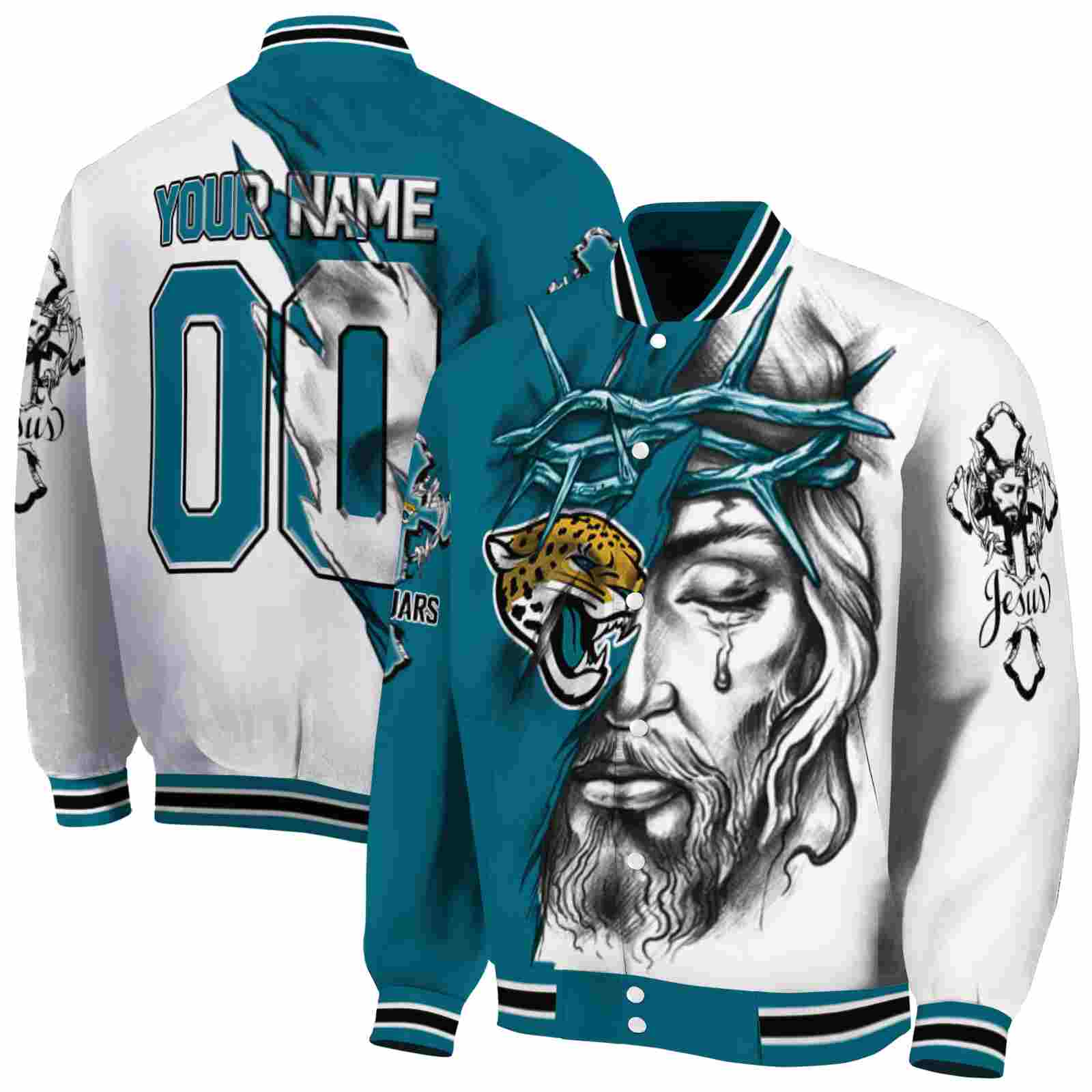 NFL Jacksonville Jaguars Jesus Tears Teal White Custom Baseball Jacket Sport Fans Gear