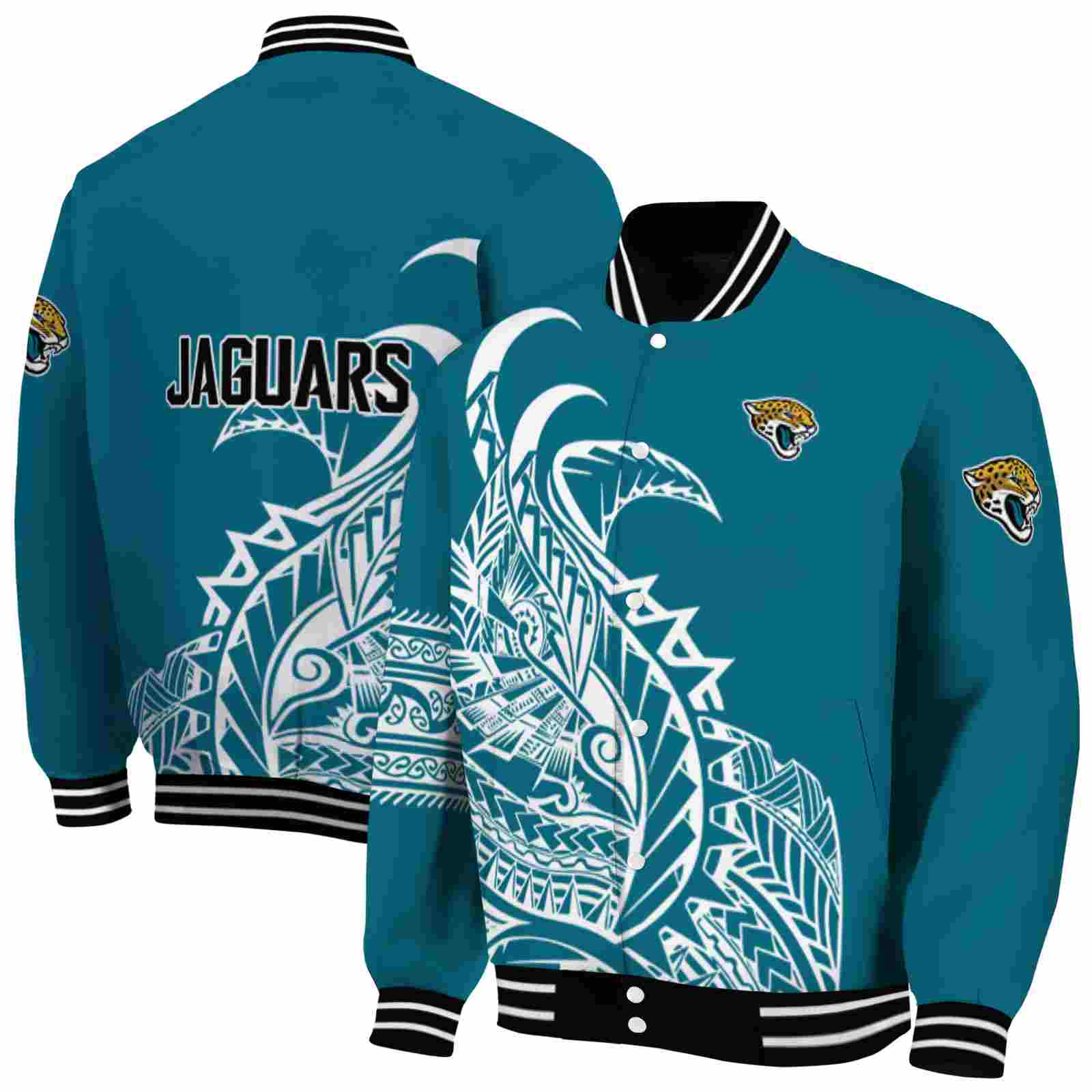 NFL Jacksonville Jaguars Tribal Art Teal White Black Custom Baseball Jacket Sport Fans Gear