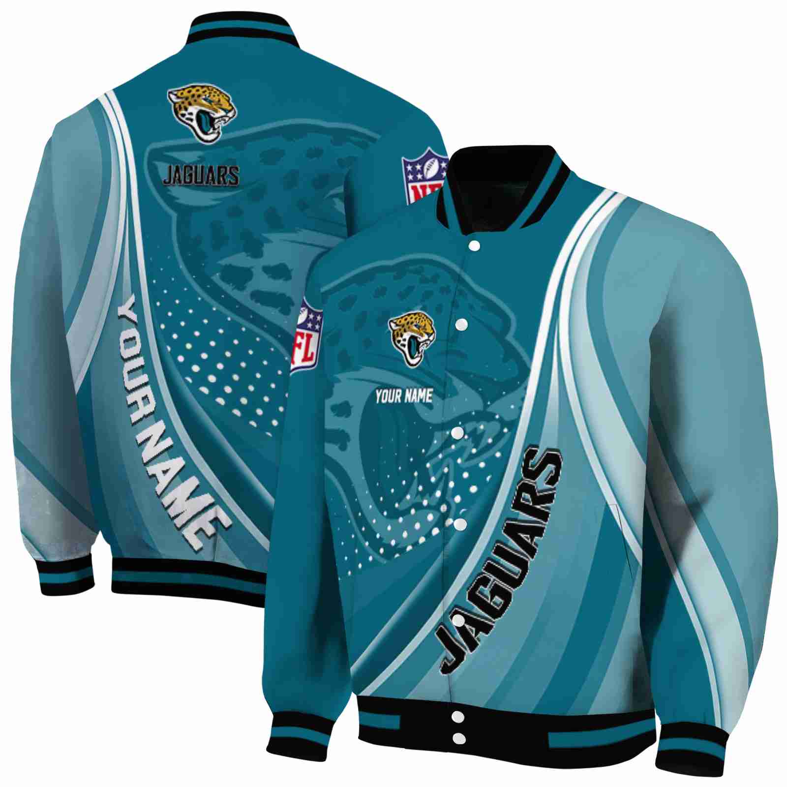NFL Jacksonville Jaguars Wave Patterns Teal Custom Baseball Jacket Sport Fans Gear