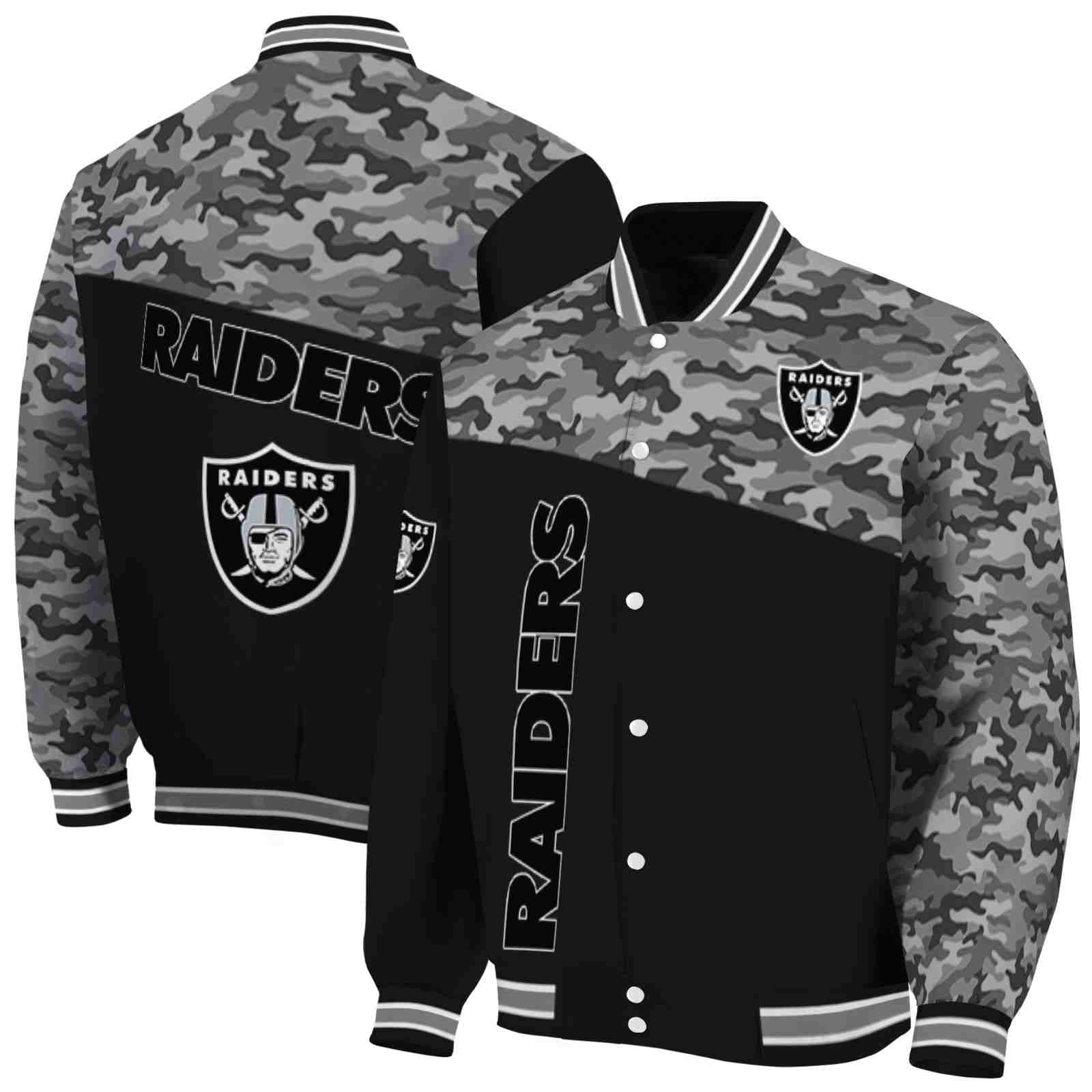 NFL Las Vegas Raiders Camo Patchwork Black Custom Baseball Jacket Sport Fans Gear