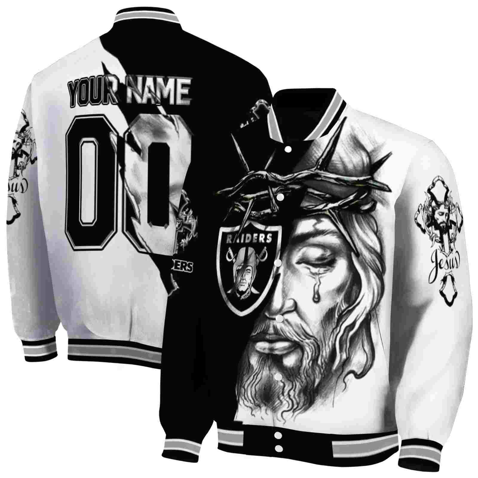 NFL Las Vegas Raiders Jesus Tears Black White Custom Baseball Jacket Sport Fans Gear