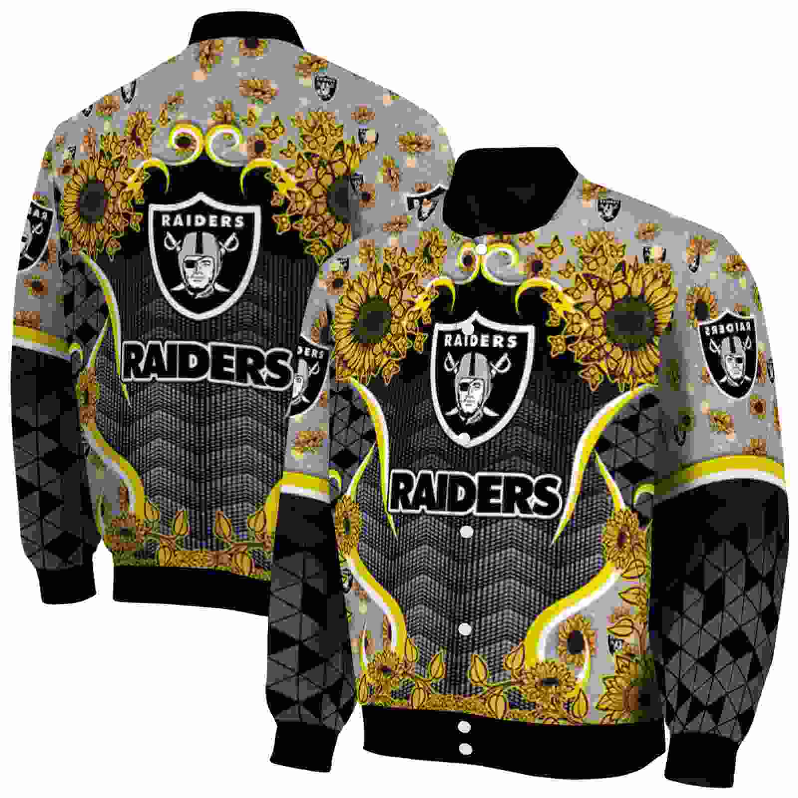 NFL Las Vegas Raiders SuNFL ower Bloom Black Yellow Custom Baseball Jacket Sport Fans Gear