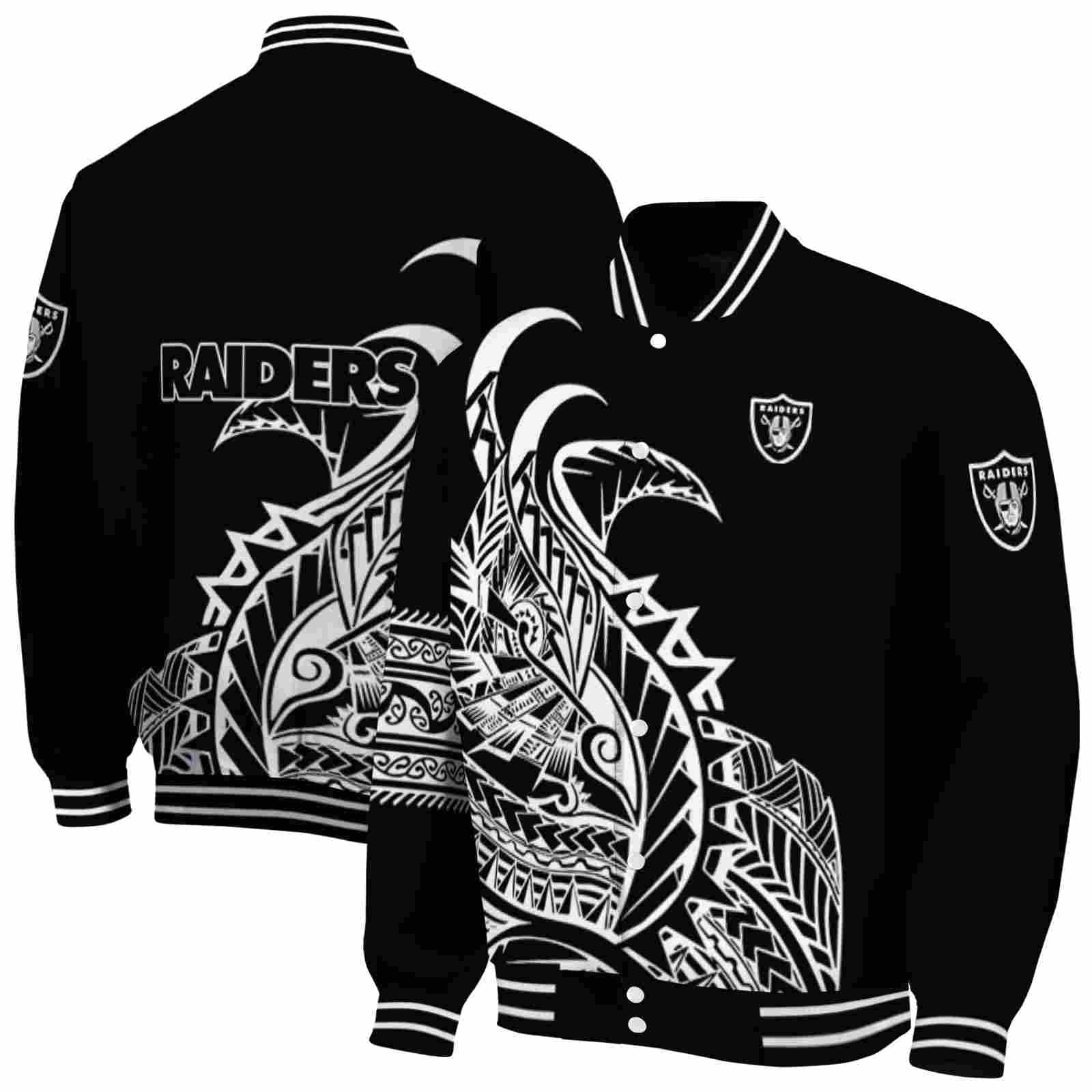 NFL Las Vegas Raiders Tribal Art Black White Black Custom Baseball Jacket Sport Fans Gear