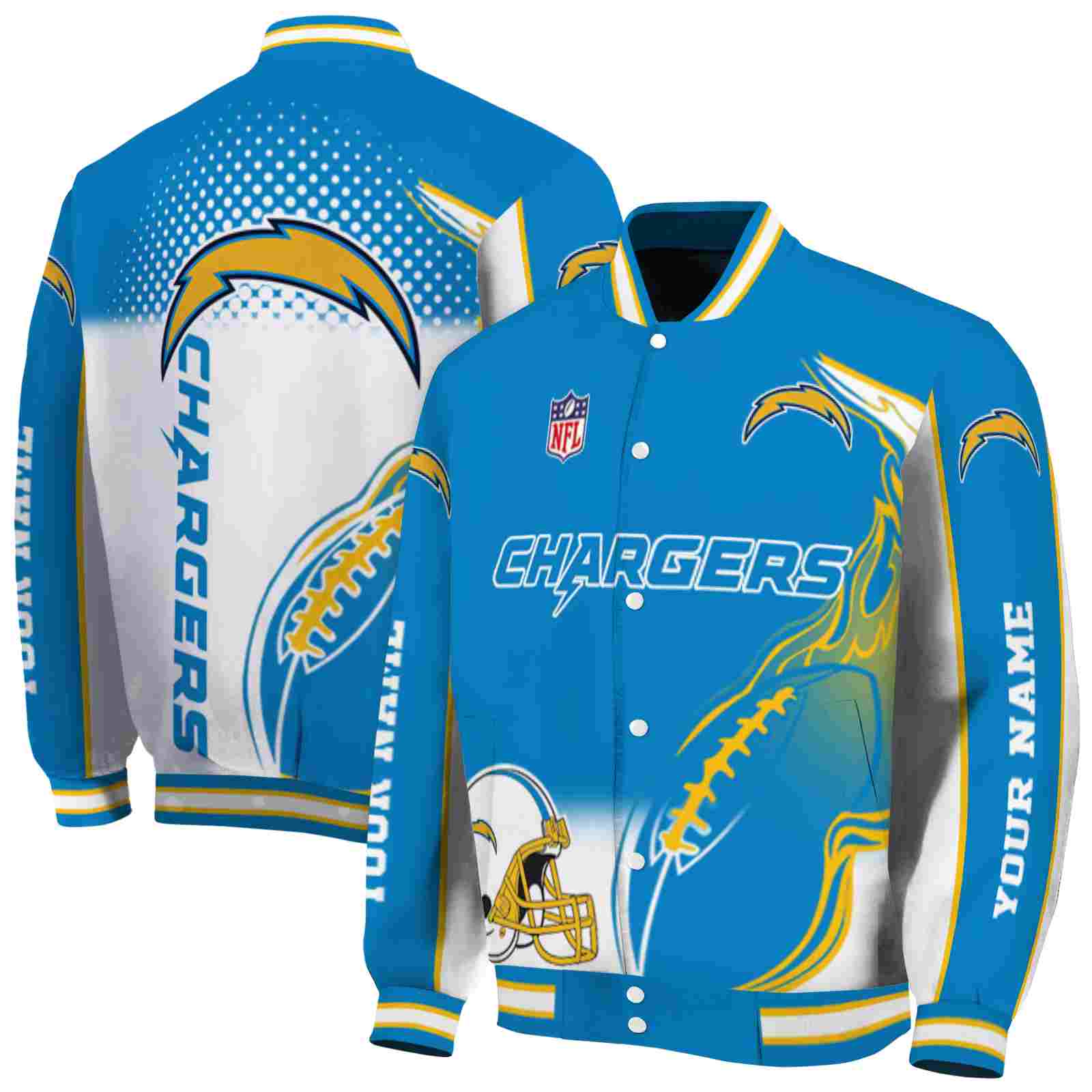 NFL Los Angeles Chargers Flaming Football Blue White Custom Baseball Jacket Sport Fans Gear