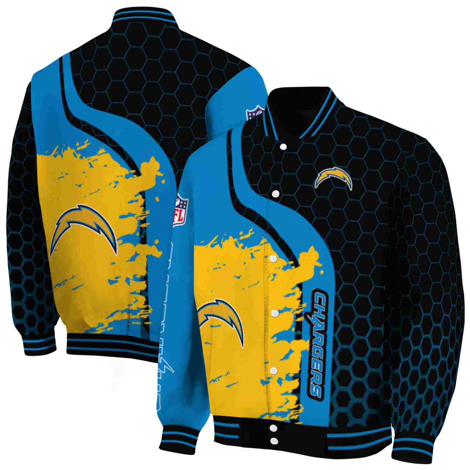 NFL Los Angeles Chargers Hexagonal Pattern Blue Black Custom Baseball Jacket Sport Fans Gear