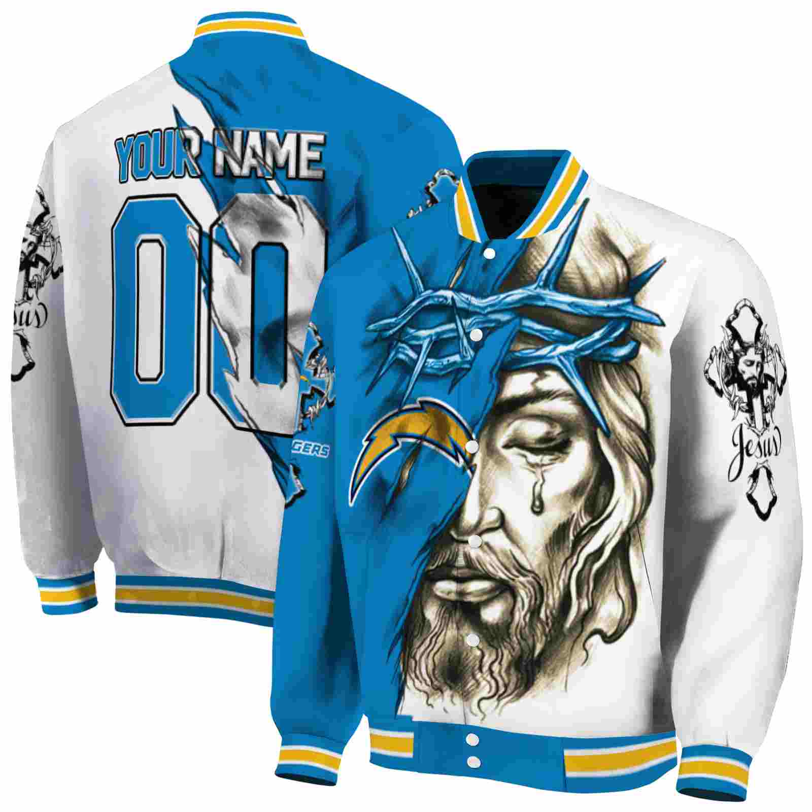 NFL Los Angeles Chargers Jesus Tears Blue White Custom Baseball Jacket Sport Fans Gear