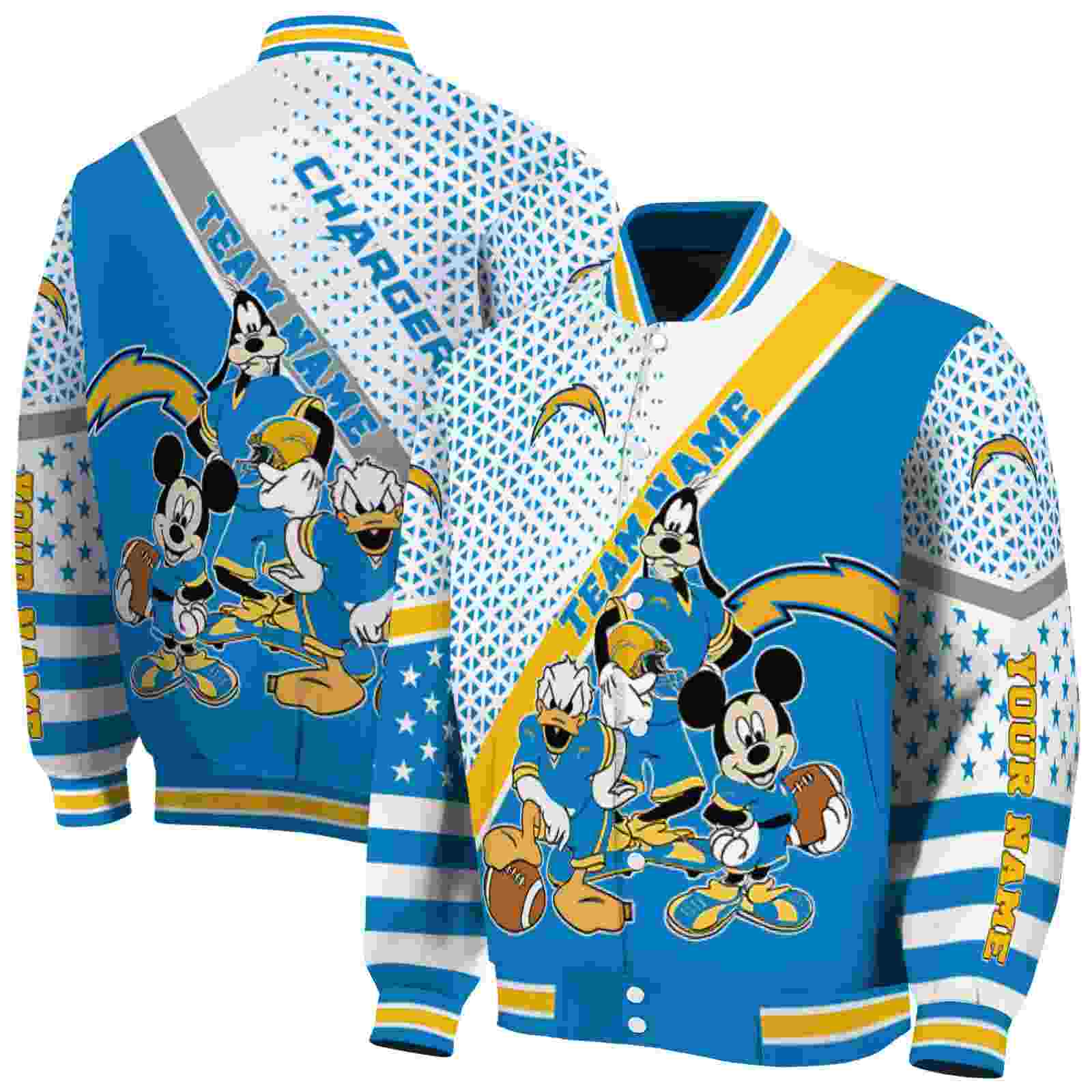 NFL Los Angeles Chargers Mickey Donald Goofy Blue White Custom Baseball Jacket Sport Fans Gear