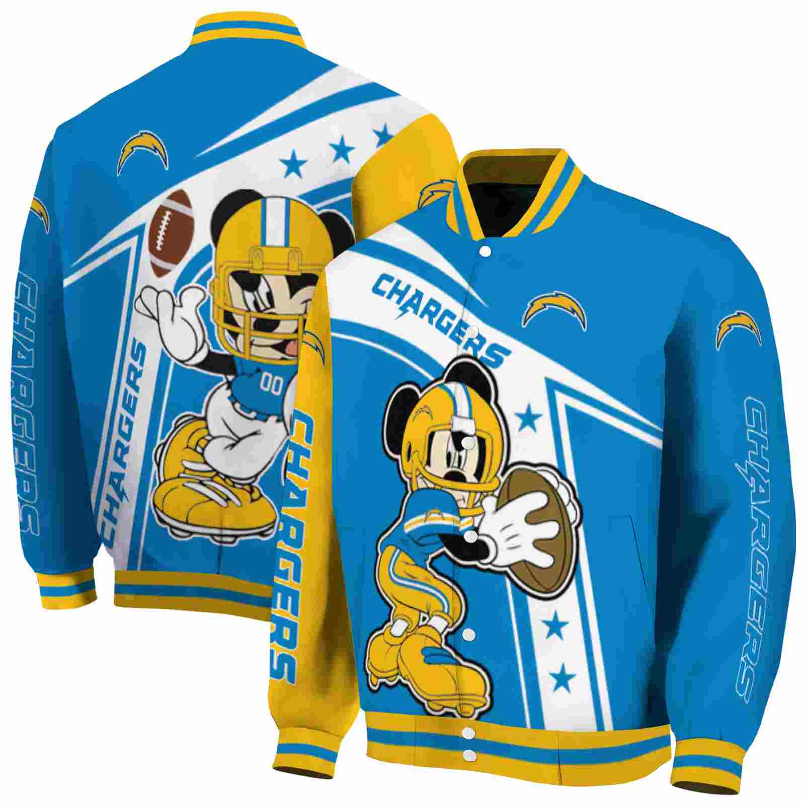 NFL Los Angeles Chargers Mickey Football Blue White Custom Baseball Jacket Sport Fans Gear