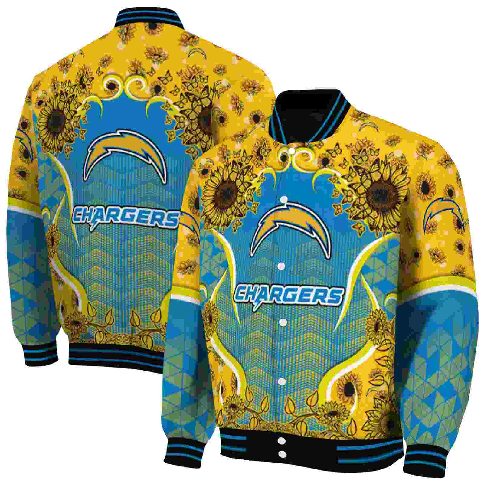NFL Los Angeles Chargers SuNFL ower Bloom Blue Yellow Custom Baseball Jacket Sport Fans Gear