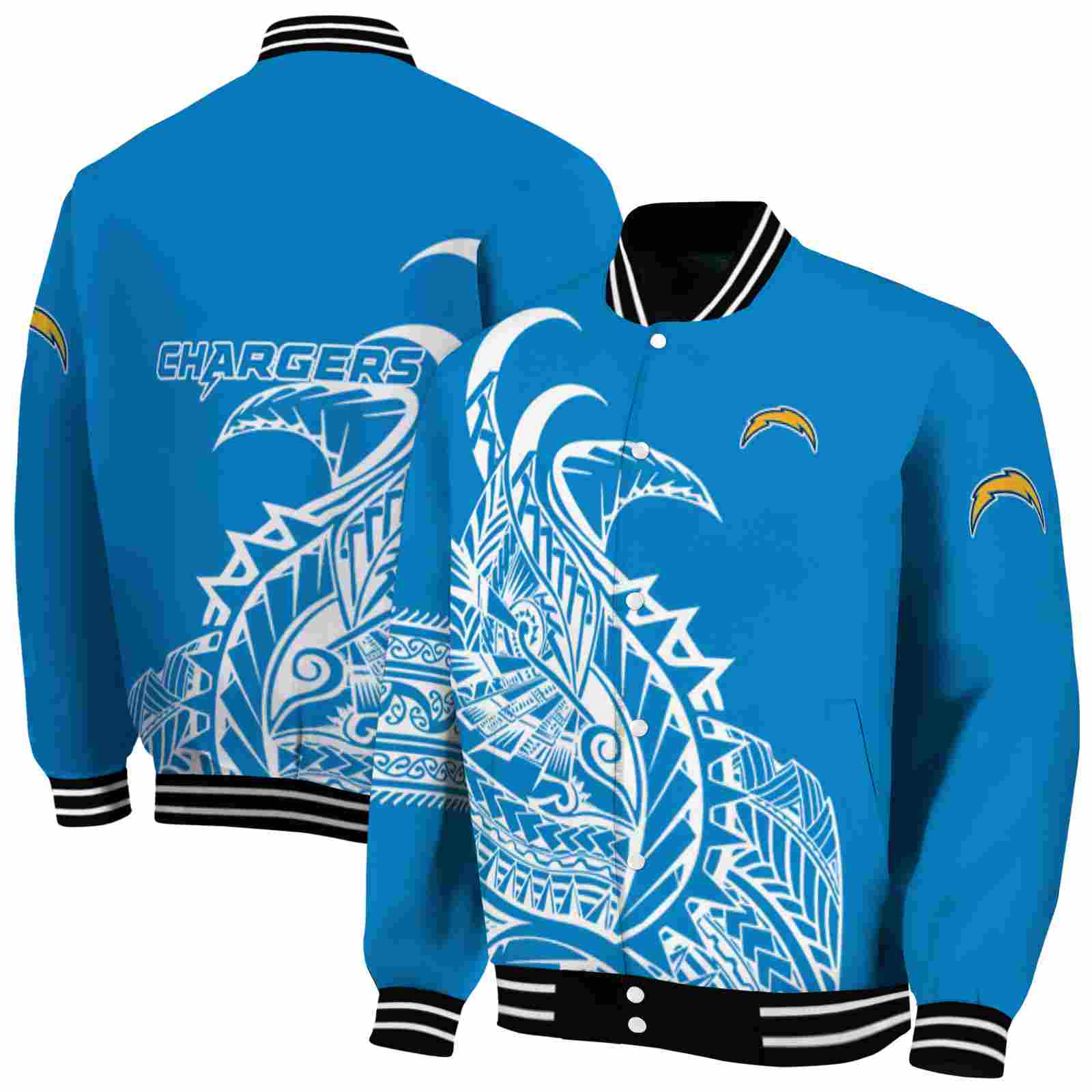 NFL Los Angeles Chargers Tribal Art Blue White Black Custom Baseball Jacket Sport Fans Gear